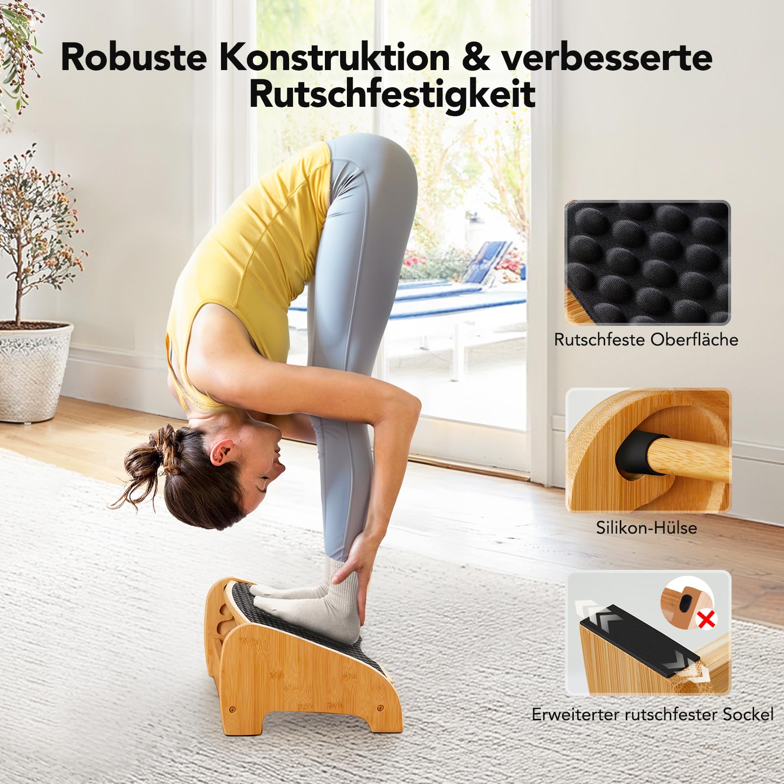 HUANUO Bambus Fußstütze Schreibtisch, ergonomisch mit 4 Höhen & verstellbaren Winkeln, Kieselstein-Massagefläche, rutschfest Fußstütze unterm Schreibtisch, Verbesserung der Arbeitshaltung, Haus & Büro