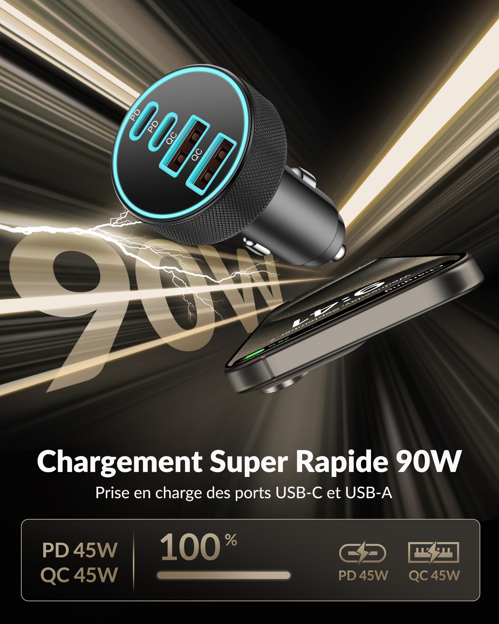 Chargeur Allume Cigare USB C, 90W 4-Port Double 45W USB-C/A avec Câble | PD/QC Prise 12V, Chargeur Rapide Voiture, Adaptateur Alumencigare, pour iPhone 17 Air 16 15 Pro Max, Samsung S26 S25, Pixel