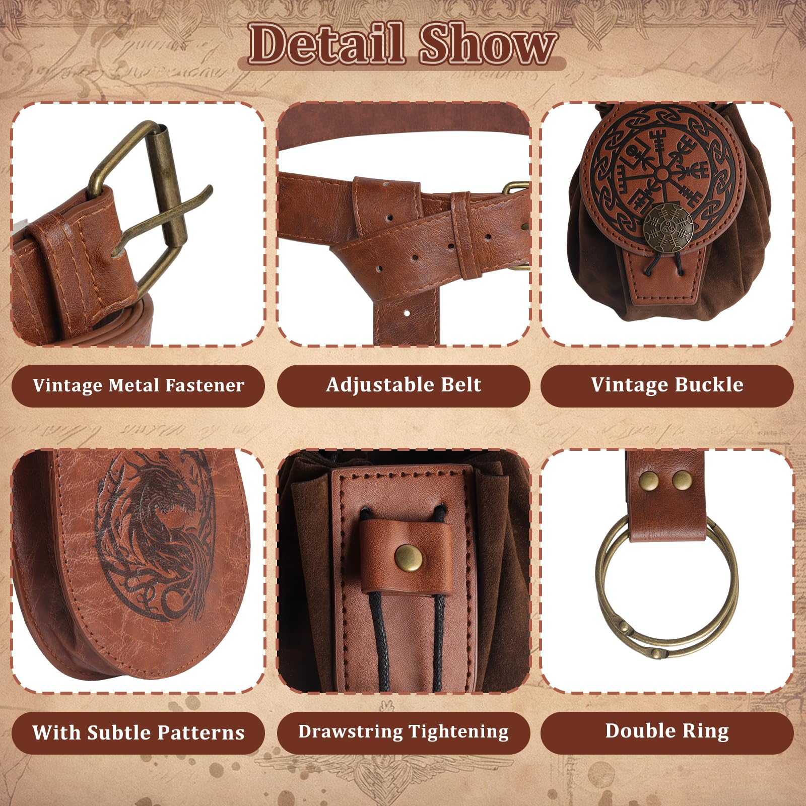 Ceinture Médiévale avec Sac Viking Ceinture, 4 Pièces Ceinture Médiévale Costume Accessoires, Viking Belt pour Fête Elfe Sorcière Cosplay Renaissance Halloween