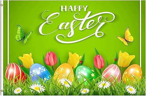 ShineSnow Bandera de Pascua de 3 x 5 pies, diseño de huevos coloridos de mariposa, margarita, tulipán, verde, bandera de poliéster de doble costura ShineSnow Bandera de Pascua de 3 x 5 pies, diseño de huevos coloridos de mariposa, margarita, tulipán, verde, bandera de poliéster de doble costura