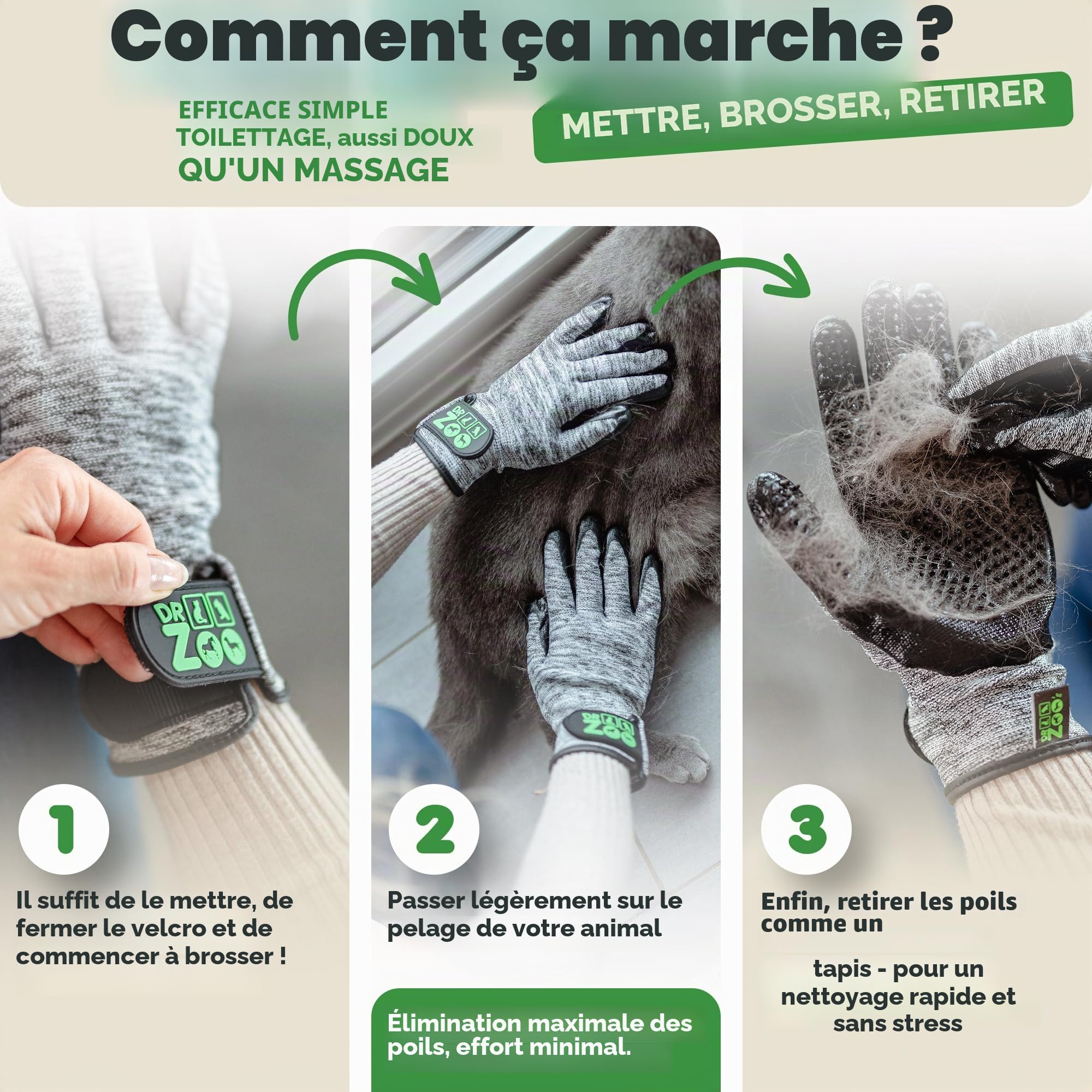 DR Zoo Gant de toilettage pour chien, chat ou cheval - (1 paire, taille L) - Gant pour le toilettage de tous les poils de chien et de chat - Gant de toilette pour tous les poils d'animaux - Gants de