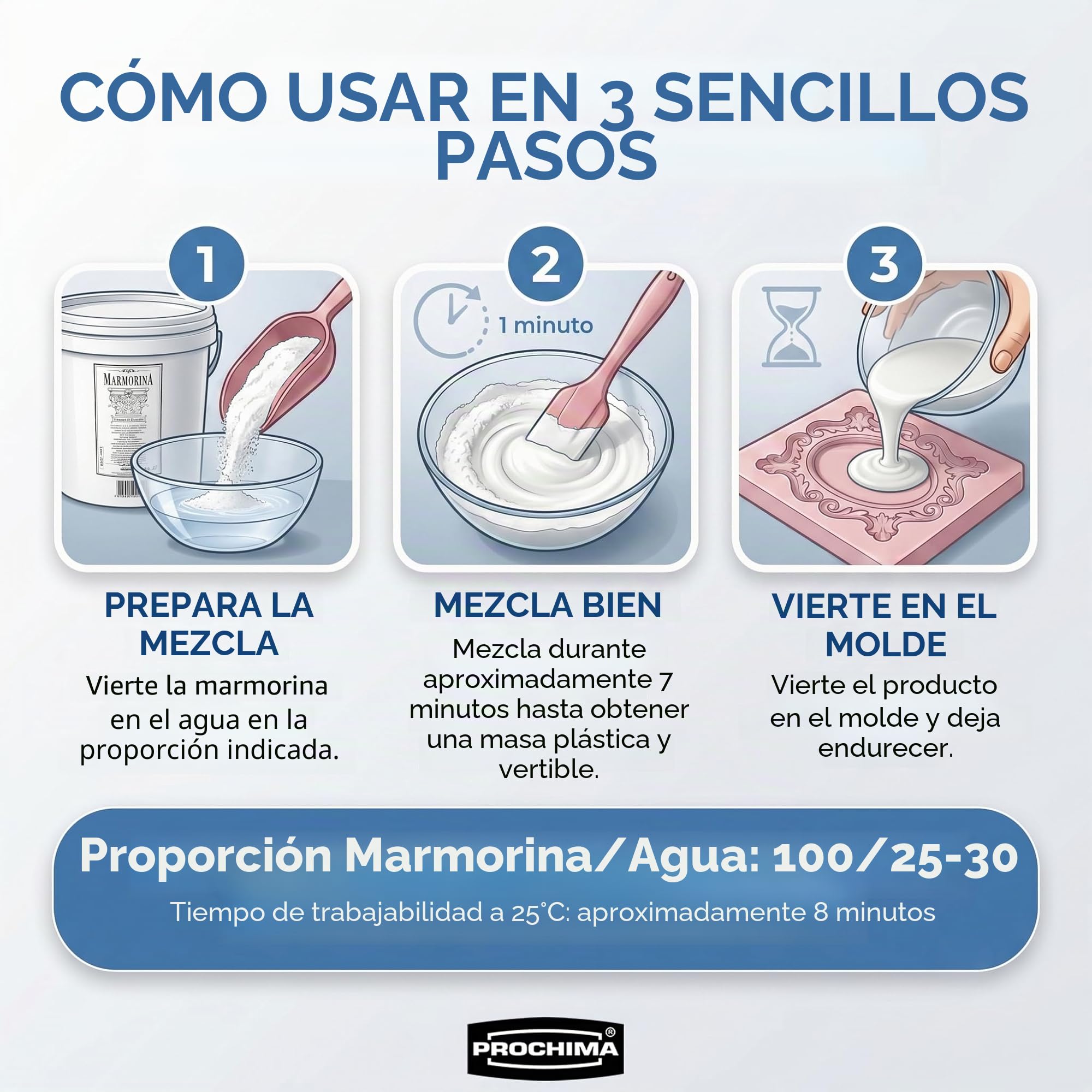 PROCHIMA, Marmorina blanca, polvo mezclable con agua, similar a la cerámica, 10 kg