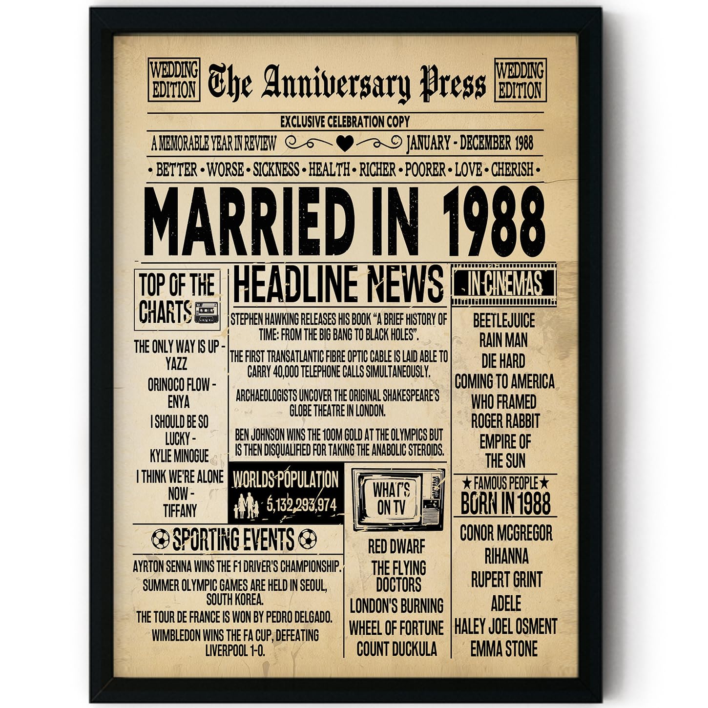Stuff4 Men's 1988 38Th Anniversary Poster Framed - Married In Newspaper - 38 Wedding Anniversary For Wo Retro Vintage Gifts Back In 8X10 Inch Anniversaries Posters