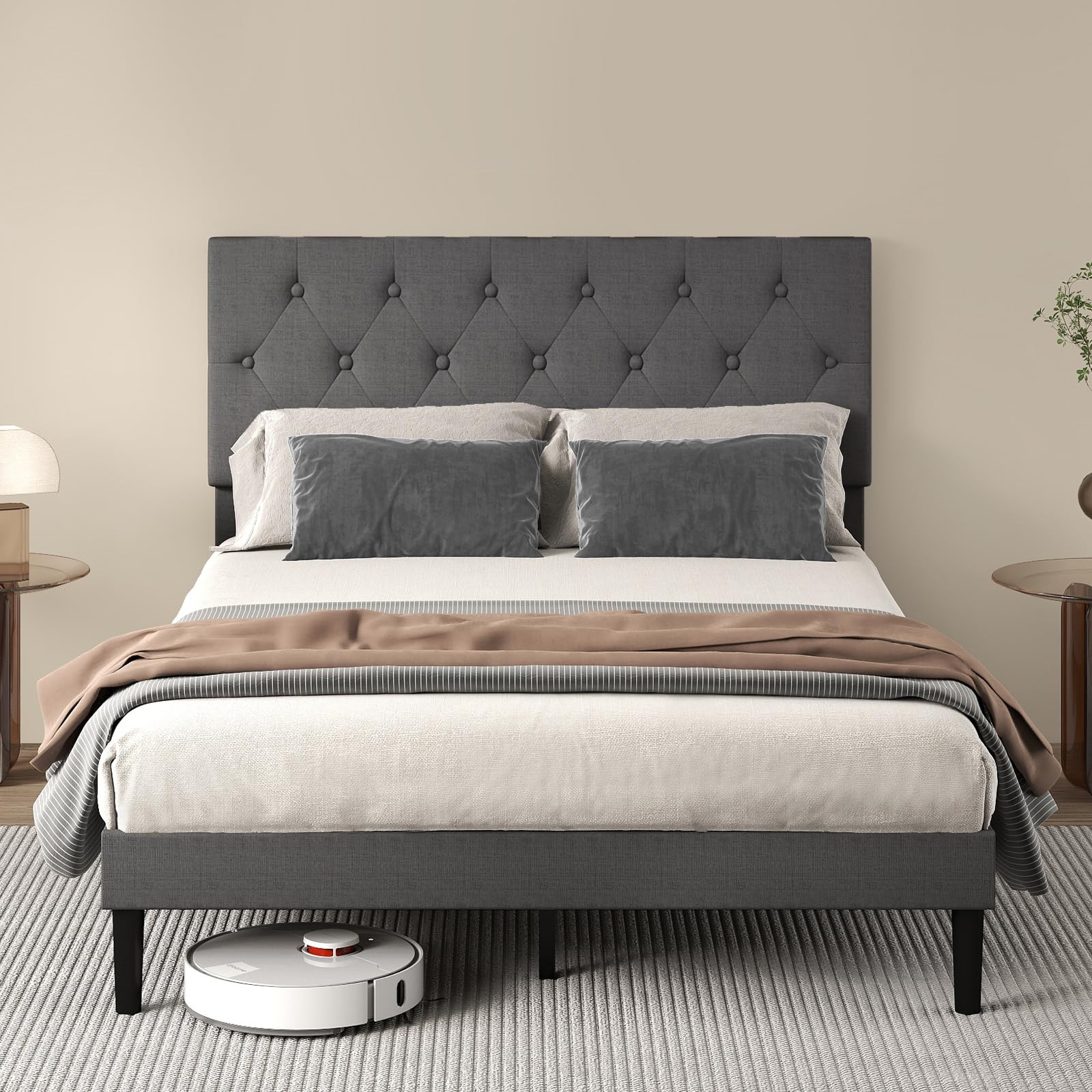 Levede Small Double Bed Frame with Diamond Tufted Headboard, Upholstered Platform Bed, Sturdy Wooden Slat Support, Easy Assembly, No Box Spring Needed, Dark Grey, 120x190cm