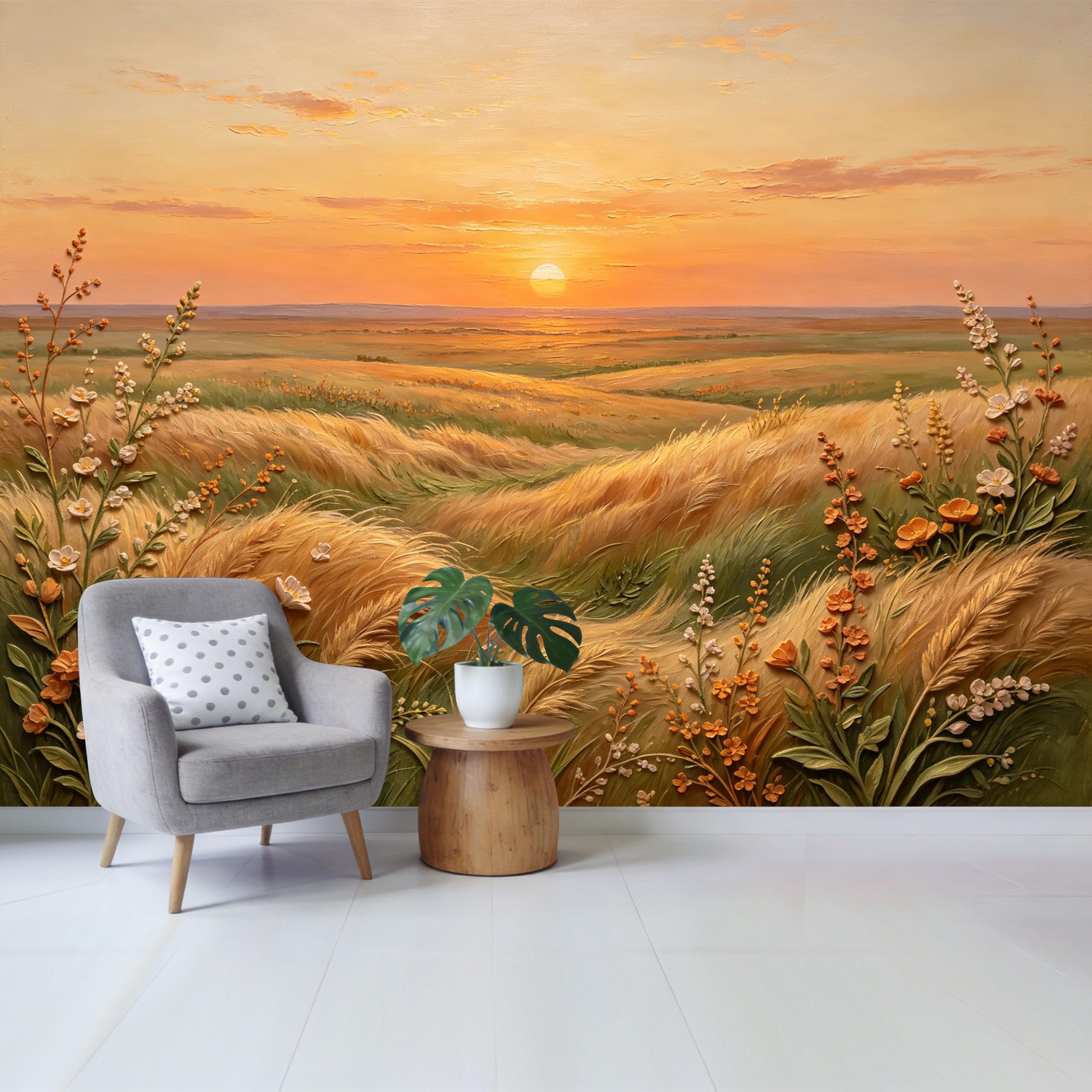 Qzlithotic Yq2605251079 Custom Size Wall Mural Golden Sunset Wheat Field Meadow Wildflowers Oil Painting Textured Landscape Selfadhesive Wall Fabric Removable Wallpaper For Home Office Decor
