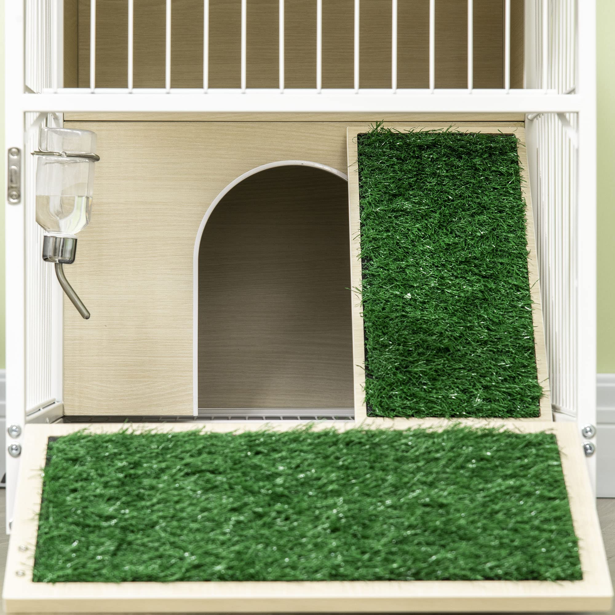 PawHut 2 IN 1 Conigliera in Truciolato e Acciaio con Vassoio Estraibile e Serbatoio d'Acqua, 78x52.5x76.5 cm