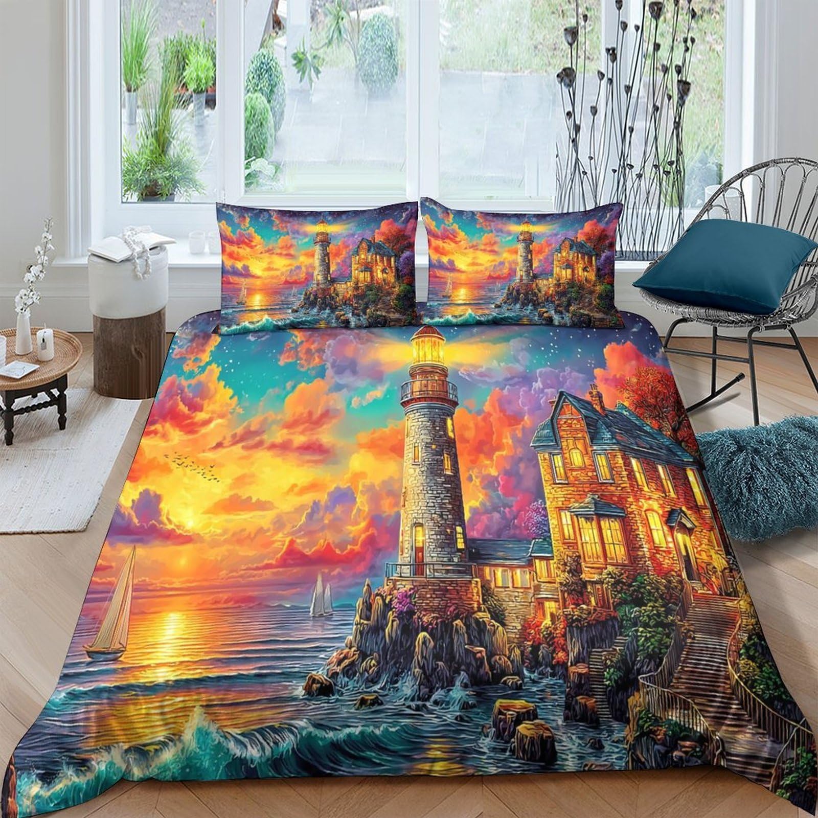 Parure phare en bord de mer housse de couette douce et respirante pour literie king size