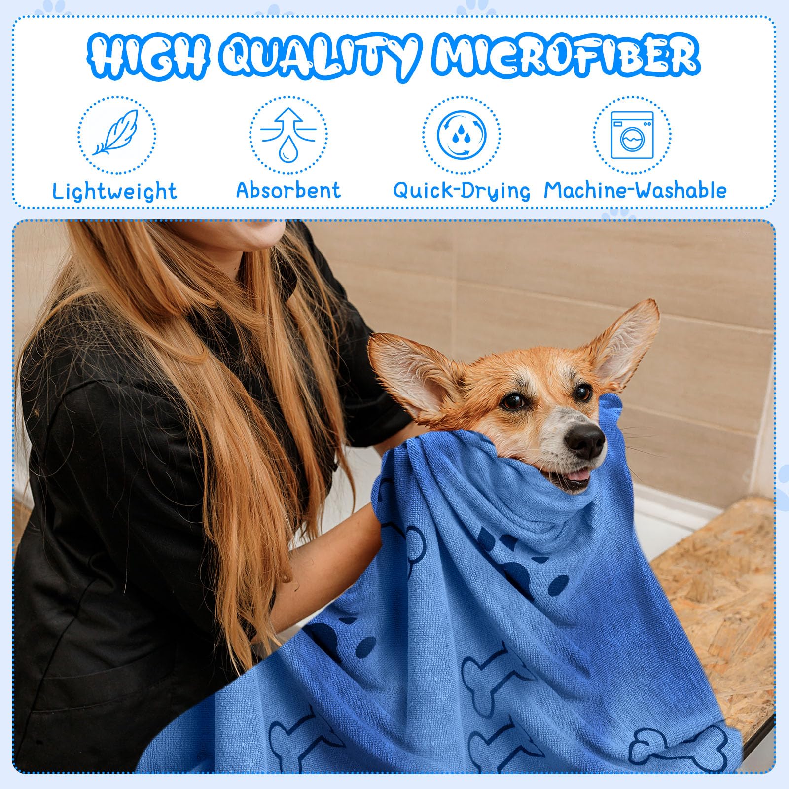 Lot de 12 serviettes de séchage en microfibre pour chien, chiot et chat de petite, moyenne et grande taille, 71,1 x 149,7 cm (bleu, patte, os)