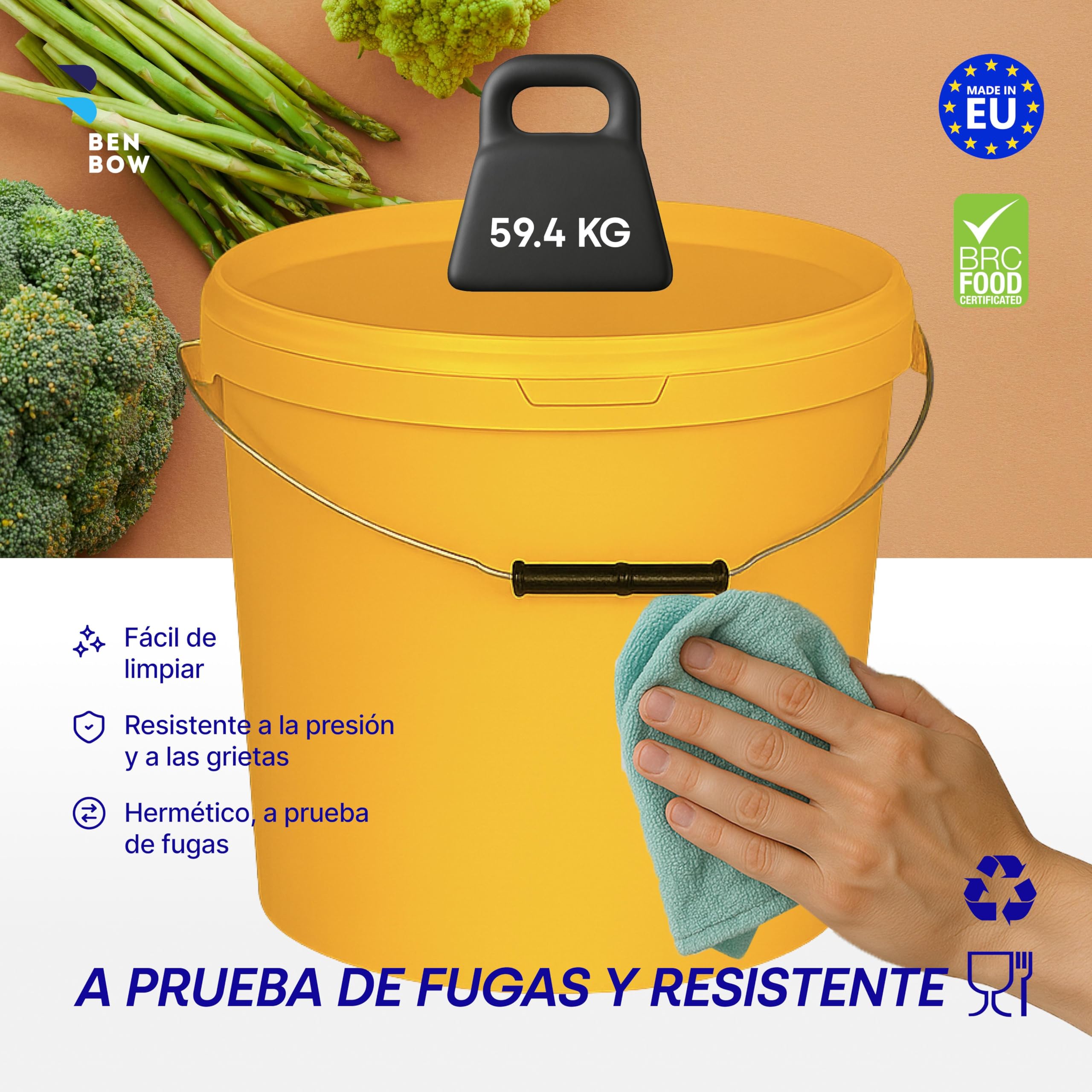 BenBow Cubo con Tapa 20l Amarillo 5X 20 litros - Seguro para los Alimentos, Estable, hermético, a Prueba de Fugas - contenedor de Almacenamiento de plástico, con asa de Metal - vacío