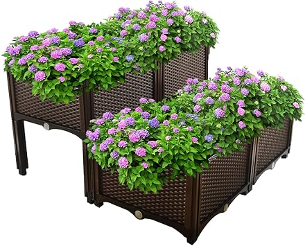 Set of 4 Plastic Elevated Raised Garden Bed Kit, Raised Garden Bed Planter Kit for Flower Vegetable Grow, Elevated Planting Container with Legs for Indoor & Outdoor Use, Brown