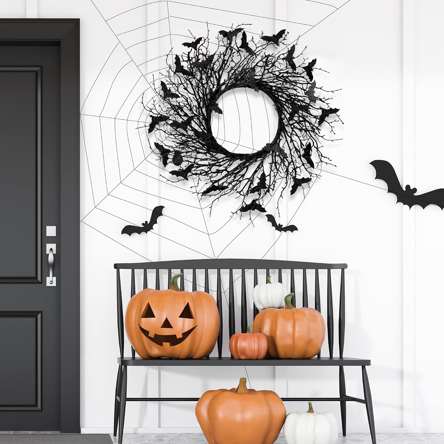 Sggvecsy 17.7Artificial Black Twig Wreath with Glitter Bats - Handmade Sparkling Hanging Decorations for Front Door, Indoor/Outdoor Halloween Party