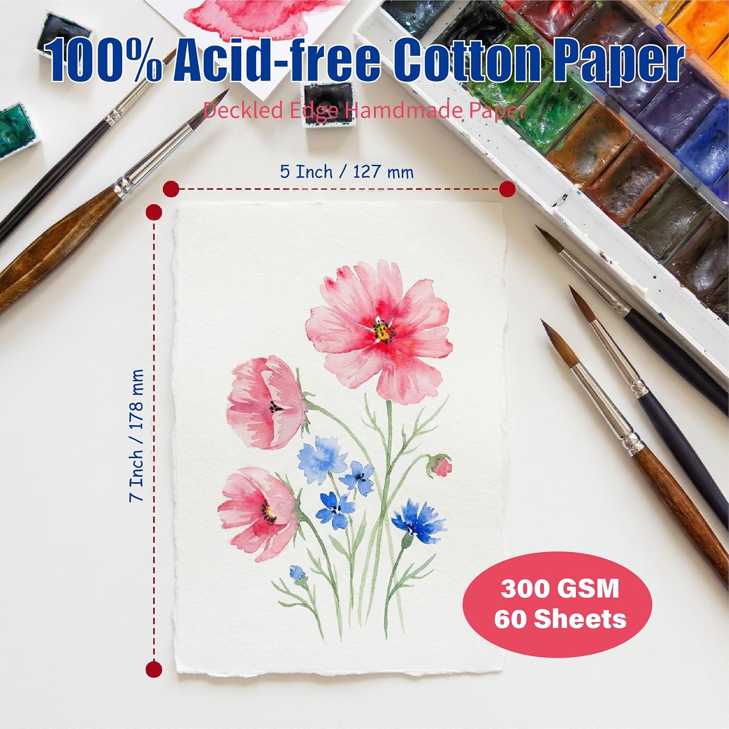 ANSSDO 60 Sheets Deckled Edge Textured Watercolor Paper 5 x 7 inch, 300 GSM Thick Cotton Handmade Paper for Watercolors, Wedding Invitations or Crafts Project