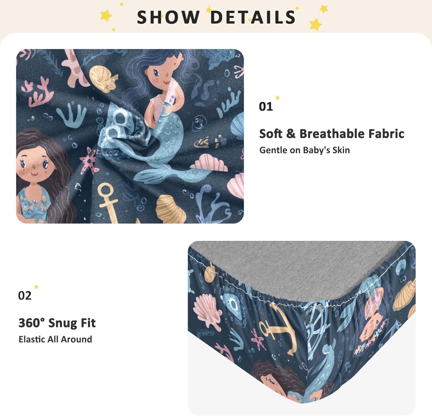 Cartoon Cute Mermaids Crib Sheets Soft Breathable Fitted Cotton Baby Crib Sheets Mattress Cover for Girl Boy, 52" x 28" x 9"