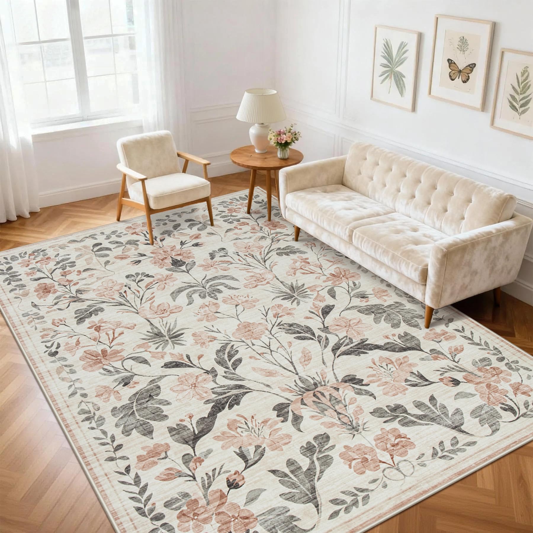 5x7 Area Rugs Washable Rug: Lagre Boho Living Room Rug Soft Non-Slip Thin Carpet Indoor Floor Non-Shedding Neutral Floral Carpets for Bedroom Dining