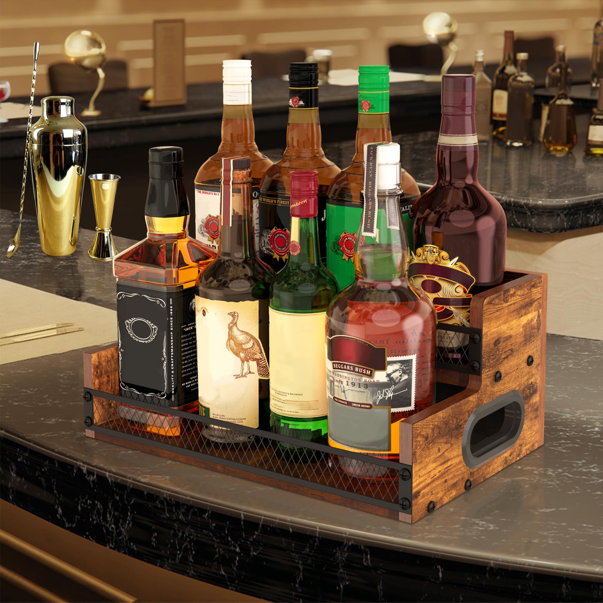 Scaffale Organizer Per Bottiglie Di Sciroppo - Legno Di Paulonia E Metallo, 4 Ripiani, 29,7x39,1x10,9 Cm - Espositore Da Bar E Cucina - 2