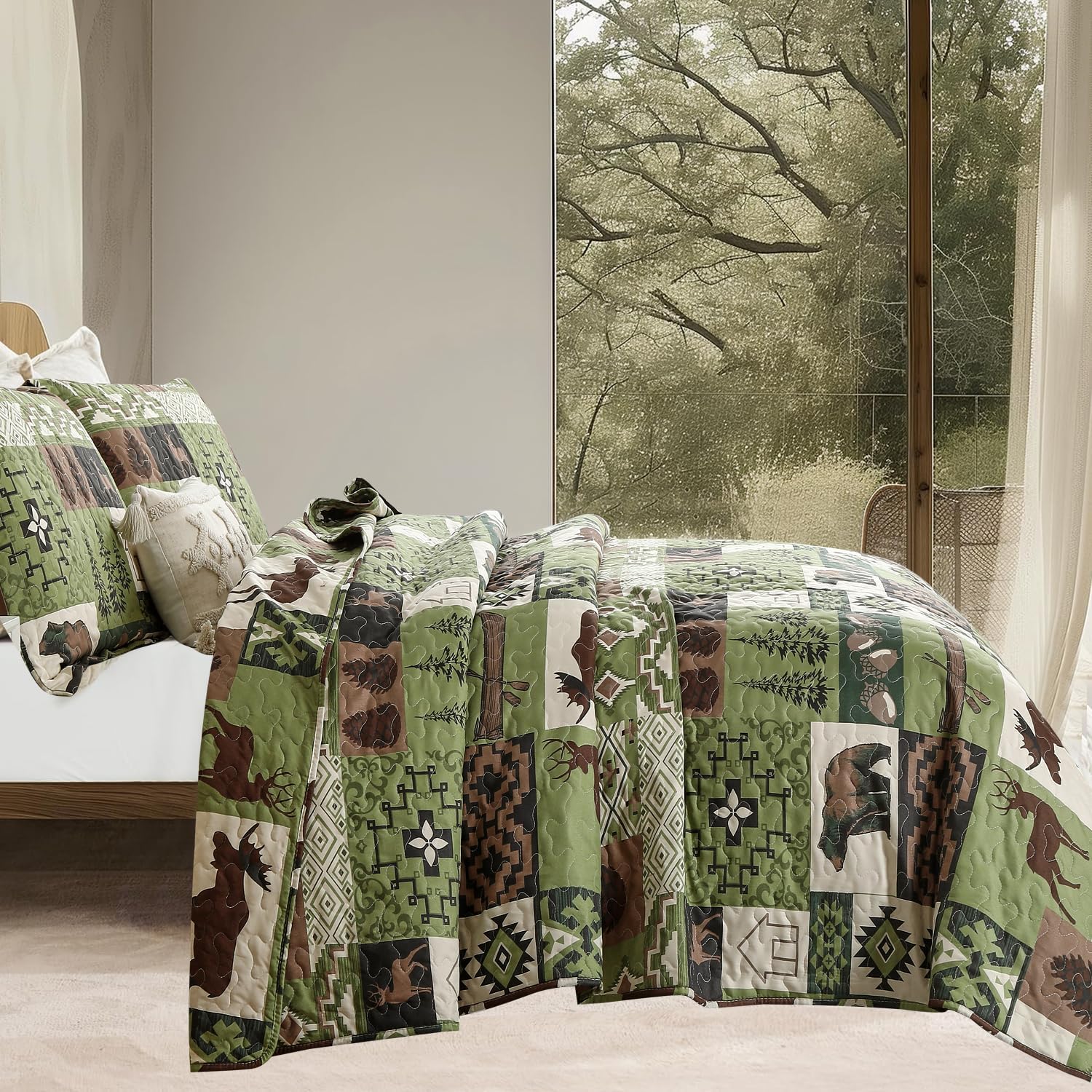 Quilts Set King Size Rustic Quilt Bedspread Coverlet King Quilt Bedding Country Lodge Patchwork Quilt Home Lightweight Reversible Bedspread Rustic Bear Bedding Cabin Moose Forest Animal Coverlet Olive - Image 4