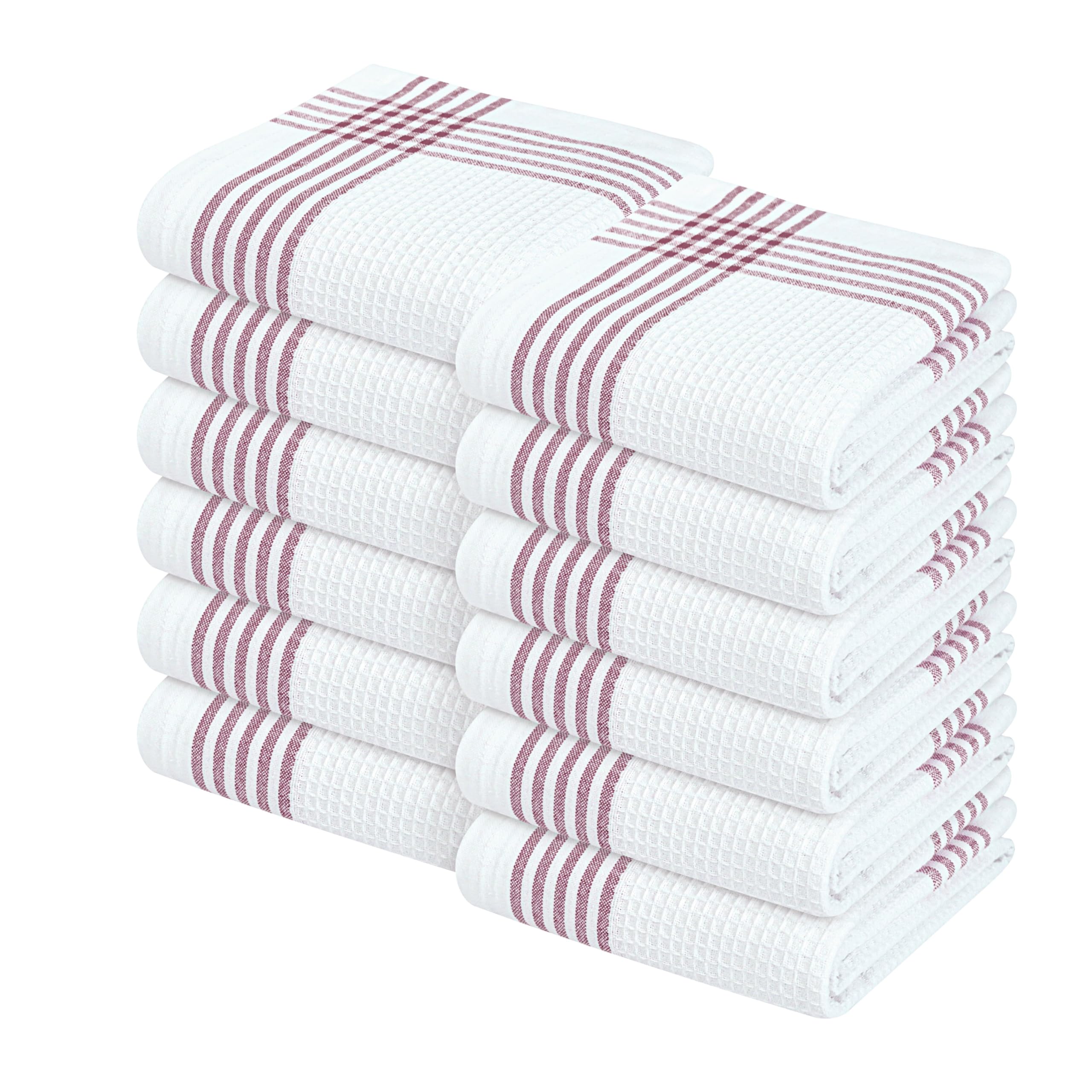 Waffle White &amp; Burgundy Wine Dish Towels Set of 12, 100% Cotton, 16x26 inches, Reusable Cleaning Cloths for Drying Dishes, Quick Dry Kitchen Towel, Durable for Heavy-Duty Use