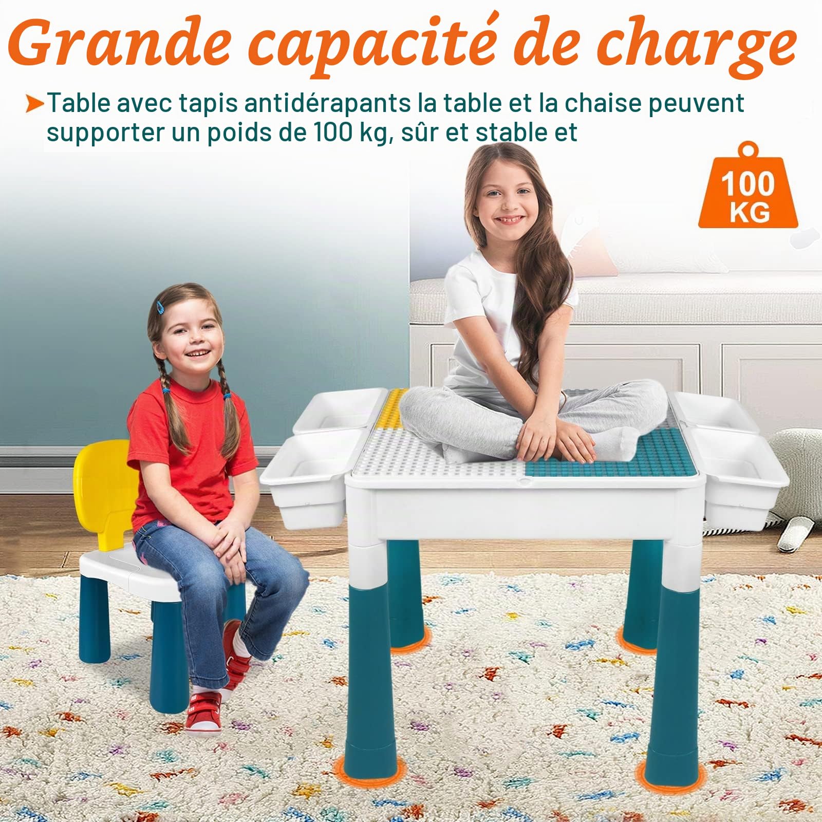 LZQ Table pour Enfant 5 en 1 avec chaises - avec 1 Chaise - Plateau Double Face - Table d'activités Multifonction avec Espace de Rangement