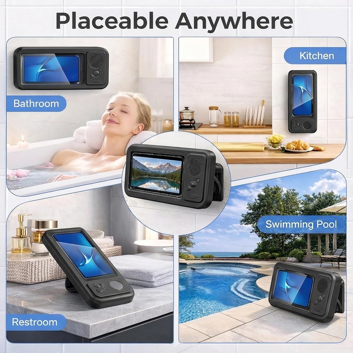 Shower Phone Holder Waterproof with Bluetooth Speaker | 2026 New IPX6 Anti-Fog, 480° Rotatable | Bathroom Case with Speaker Holes | Fits 4-7" Cell Phones & iPhone | Bathroom Wall Mirror