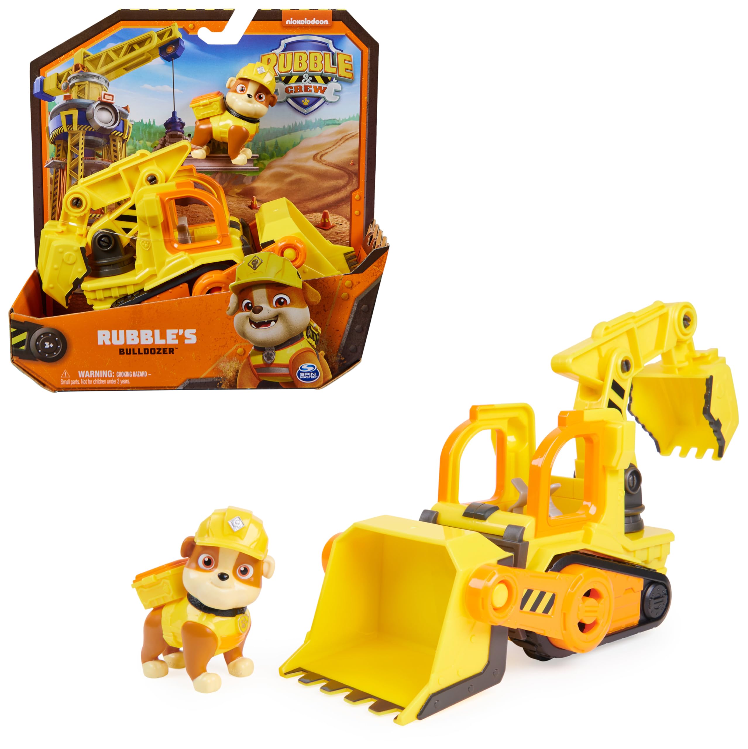 Rubble & Crew - Planierraupen-Baufahrzeug (Basis Fahrzeug) mit Rubble-Figur, bewegliche Planierraupenschaufel und funktionierender Bagger, Spielzeug aus TV-Serie, ab 3 Jahren