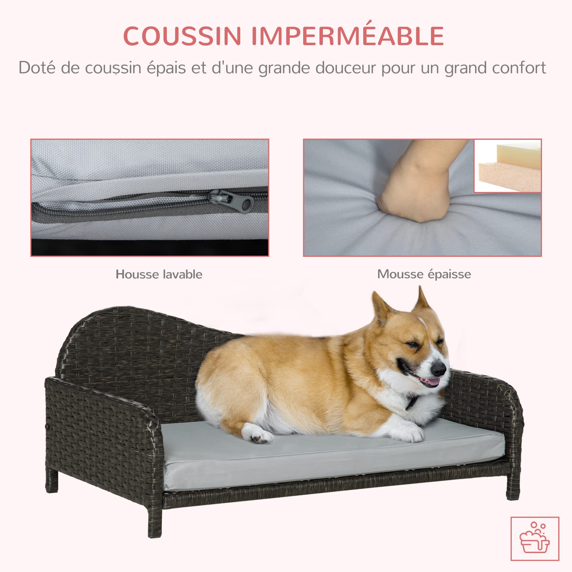 PawHut Canapé Panier pour Chiens et Chats, en résine tressée, avec Rembourrage, imperméable et Lavable, terne à l'intérieur et à l'extérieur. 75L x 45l x 35H cm