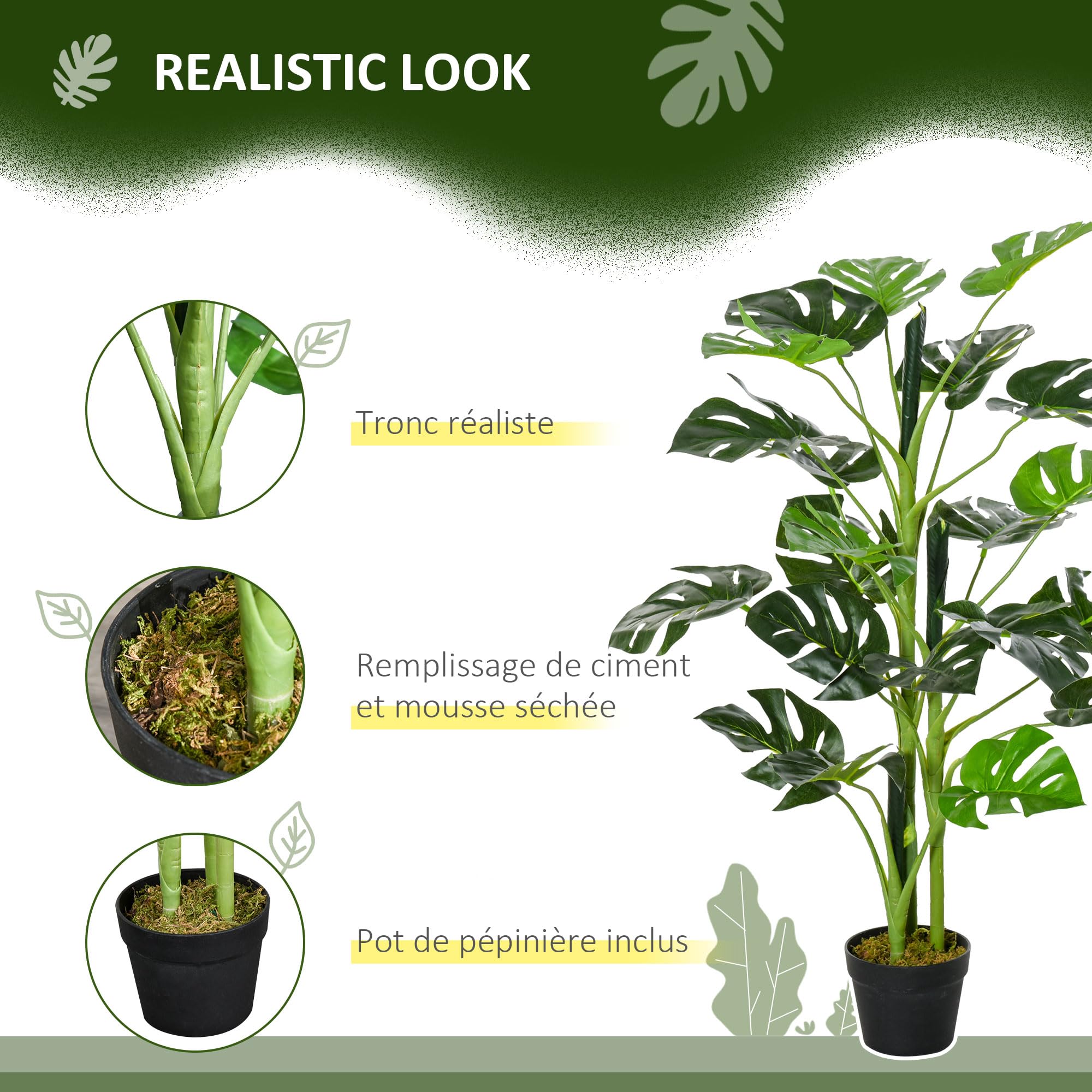 Outsunny Plante Artificielle Modèle Monstera 21 Feuilles Ø16 x 100H cm