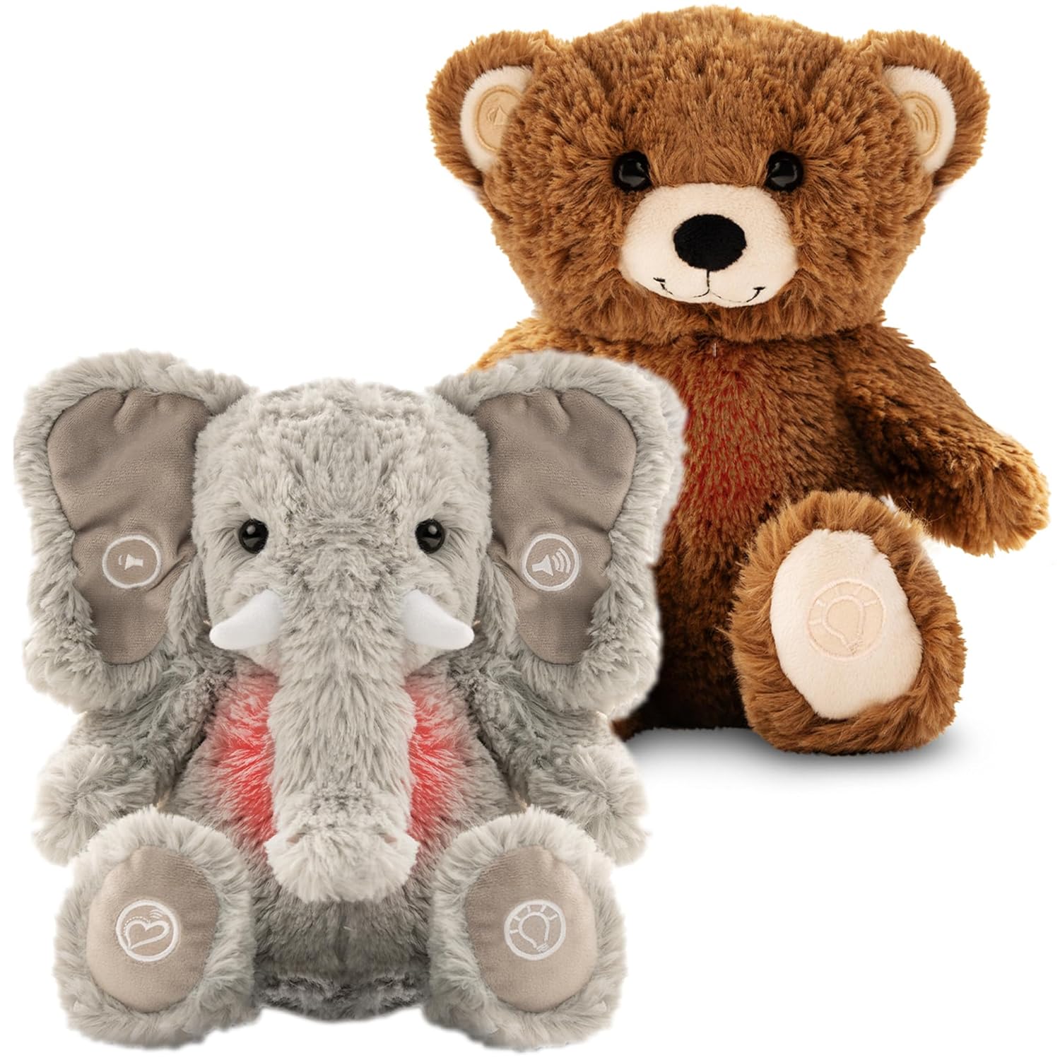Gemma Joy Bedtime Baby Soother with Cry Activated Sensor, Plush Stuffed Animal for Newborn Infants - Elephant & Brown Bear, Rechargeable (2 Pcs)