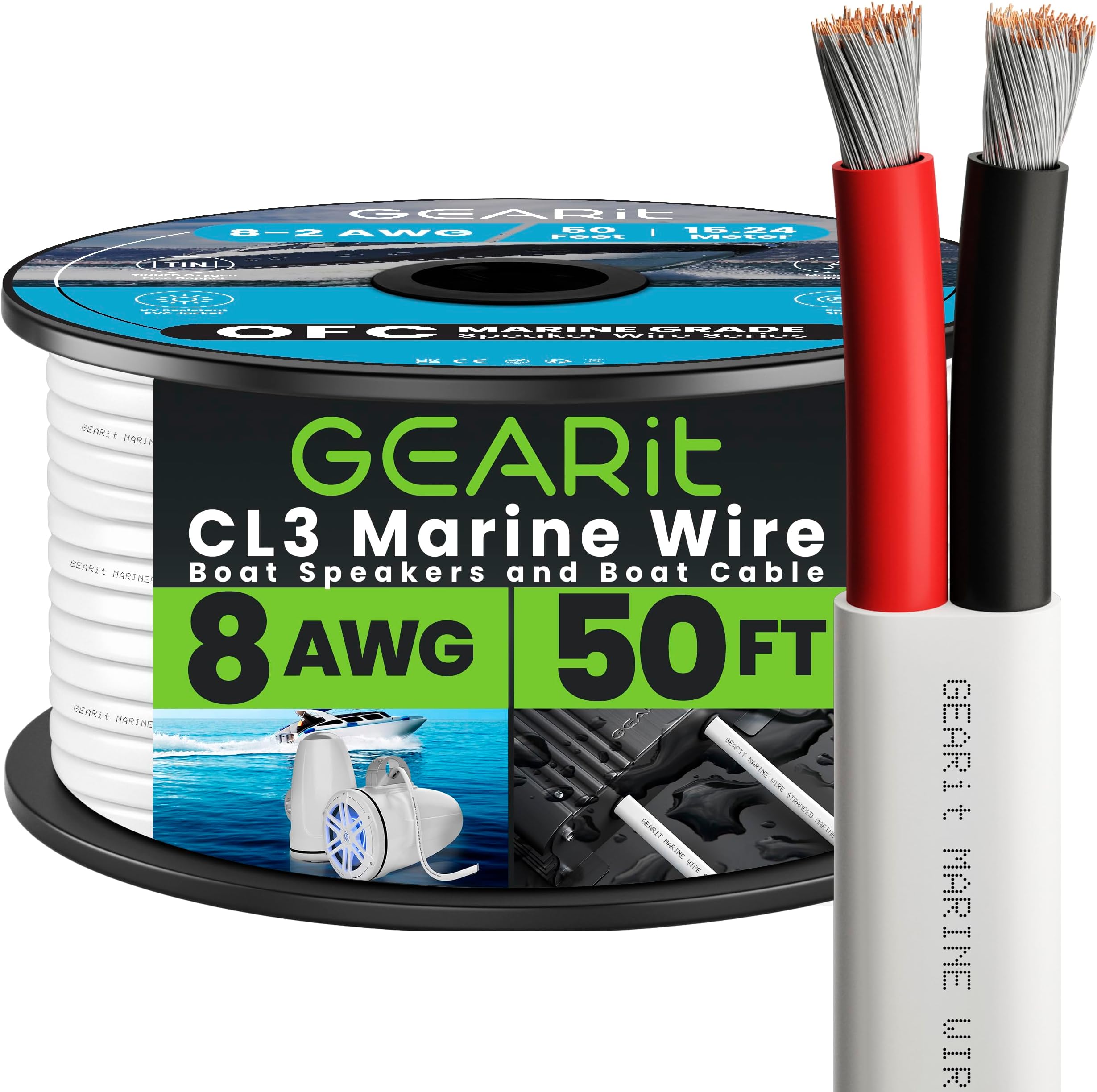GEARit 8 Gauge Electrical Wire Cable,8 AWG 50 Ft Landscape Wire,Marine Grade Tinned Copper Wires for Automotive,Outdoor,Speaker, Lamp,Trailer,Car