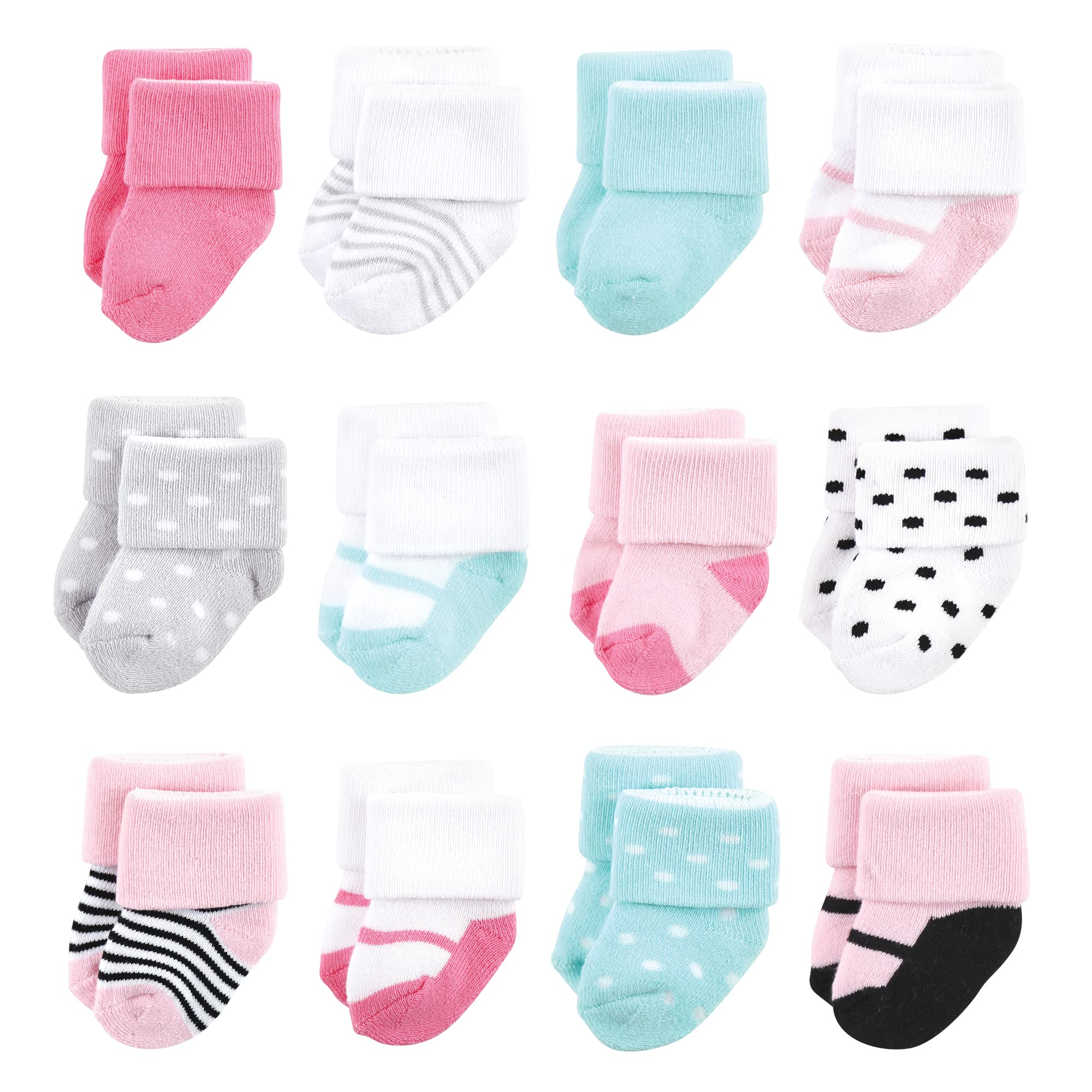 Luvable Friends Unisex Baby Newborn and Baby Terry Socks, Mint Pink Mary Janes 12-pack, Small
