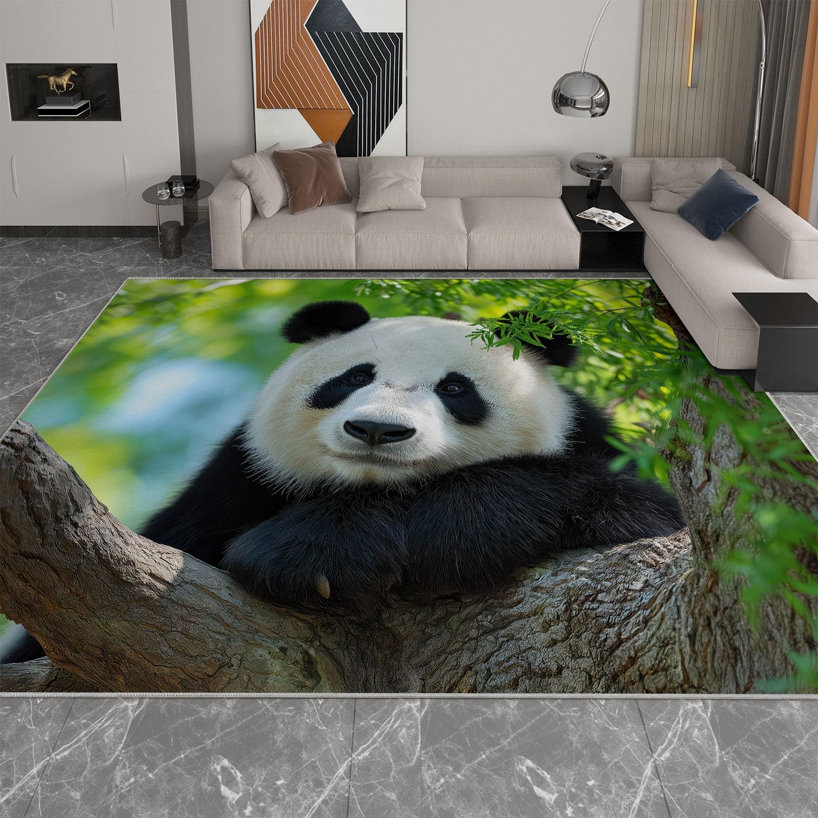 Generisch Panda miś portret, liście, las, łatwy w pielęgnacji, dywan z krótkim włosiem, zielony, 140 x 200 cm, nadaje się do prania w salonie i sypialni, antypoślizgowy spód, przyjazny dla zwierząt