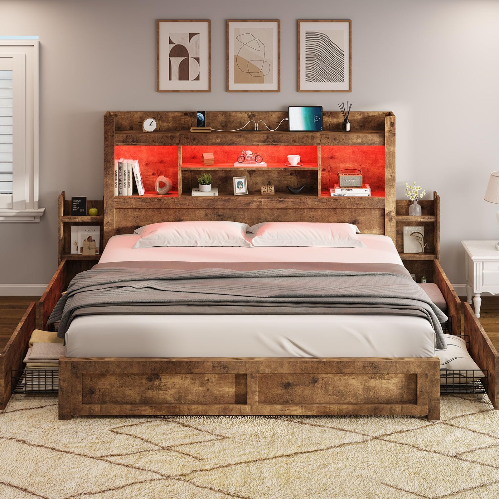 AMERLIFE California King Bed Frame with Bookcase Headboard