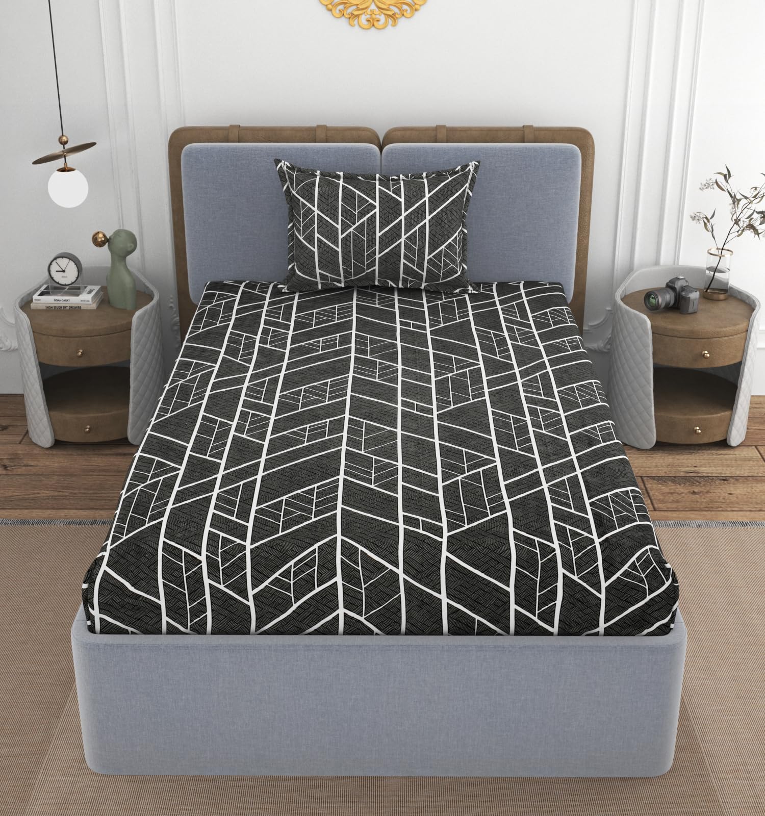 VOMZER 300 TC Elastic Fitted Bedsheets Single Bed with 1 Pillow Cover | Single Bed with All Around Elastic, Size 36 x 72 x 10 Inches Line Black