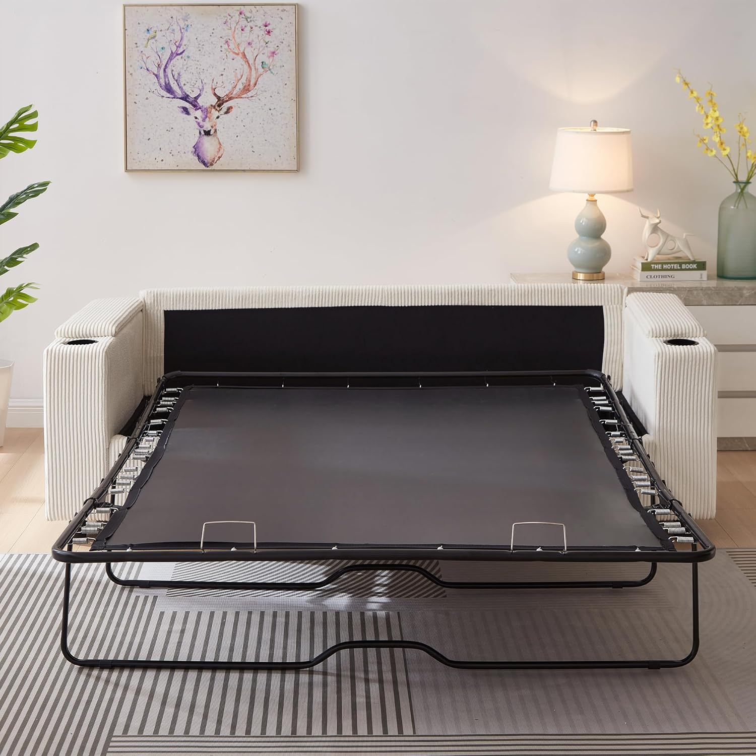 Pull Out Sofa Bed Queen Size, Sleeper Sofa with Memory Foam Mattress, 3 in 1 Convertible Pullout Couch Bed, 3-Seater Comfy Upholstered Loveseat for Living Room, Guest Room, RV (Beige, Corduroy)