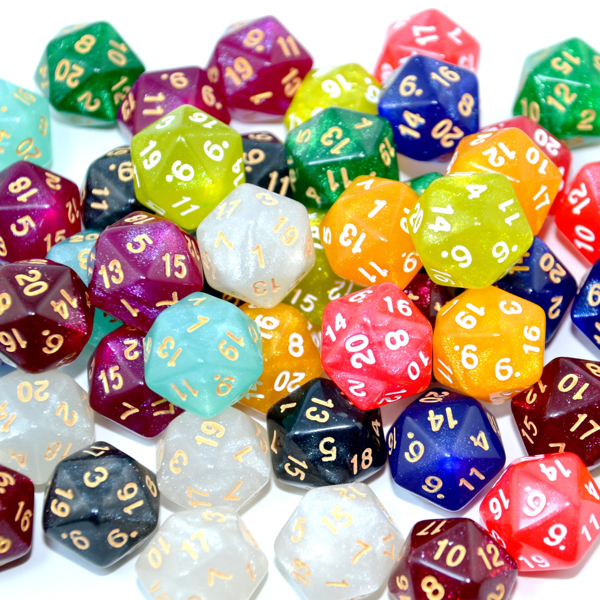 SmartDealsPro 50-Pack D20 20 Sided Dice Polyhedral Dice with Pouch for DND RPG MTG Table Game (D20, Glitter Color)