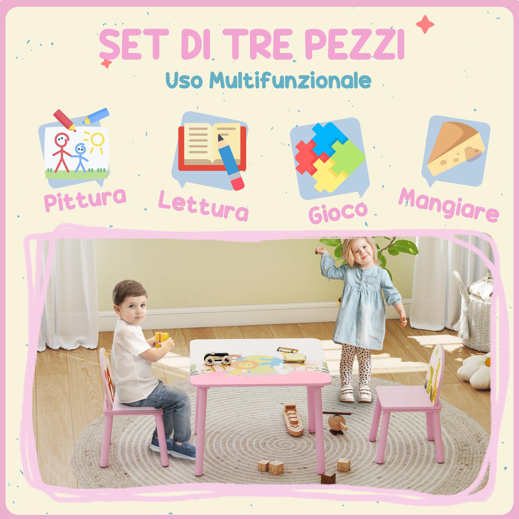AIYAPLAY Set Tavolo e Sedie per Bambini 3-8 Anni Motivi Animali Rosa | Bordi Arrotondati, Sedie e Tavolino per Bambini, in MDF e Legno di Pino