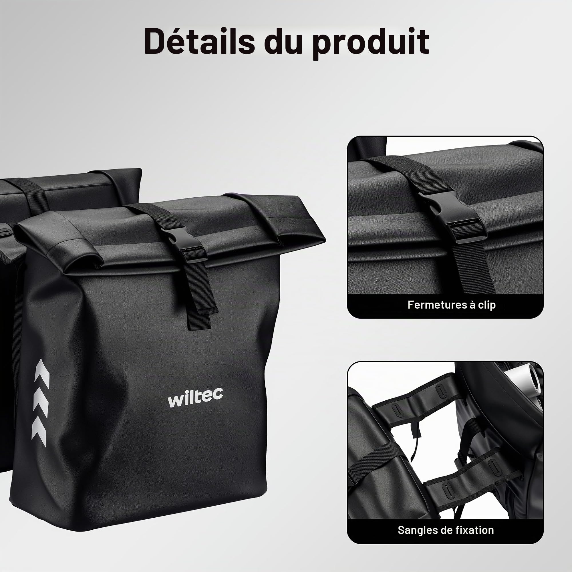 WilTec Sac Double pour Porte-Bagages 48 l, Sacoche de vélo pour Porte-Bagages 30 x 14 x 57 cm, Sacoche de vélo résistante à l'eau