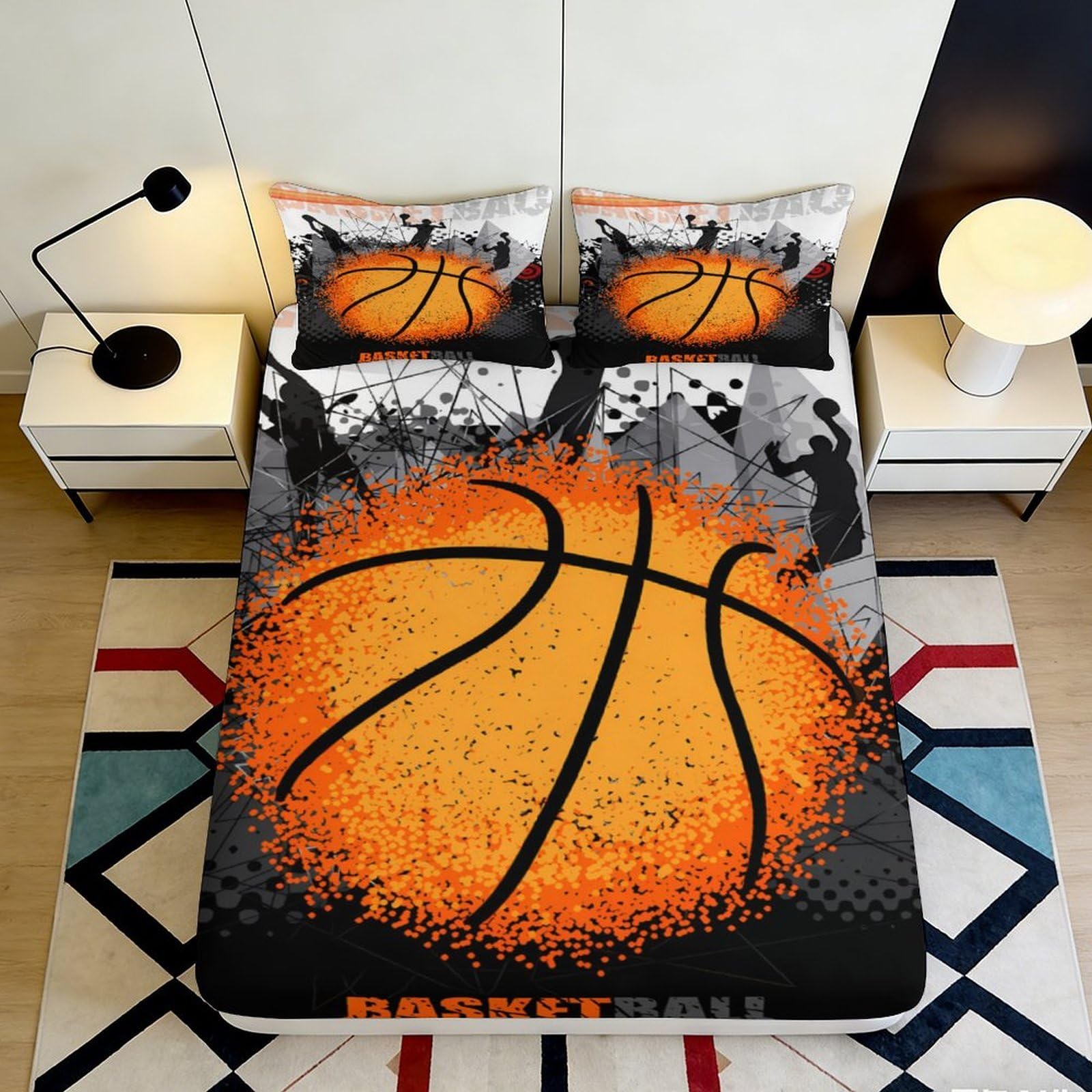 3D Printed Basketball Graffiti Fitted Sheet Microfiber Orange Black Bed Cover for Adults Teens Bedroom Dorm Decor 160x200x25cm