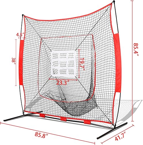 Miniatura 8 de F2C Red de práctica de béisbol y softbol de 7 x 7 pies, red portátil de lanzamiento con objetivo de zona de ataque, marco de arco y bolsa de