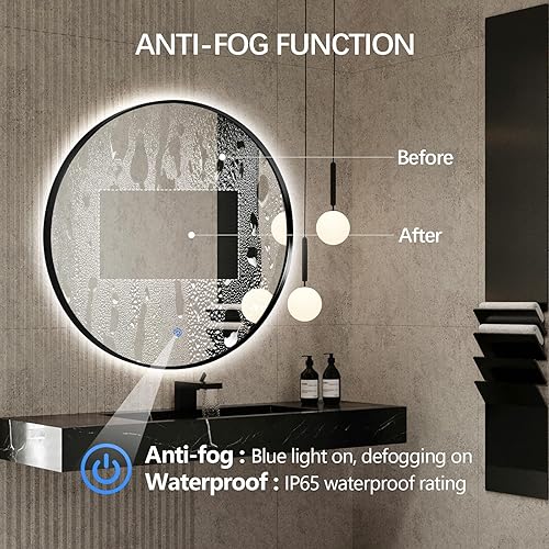 Miniatura 5 de Niccy Espejo redondo retroiluminado LED de 40 pulgadas para baño, espejo de pared con marco negro, espejos circulares inteligentes LED con 3 colores