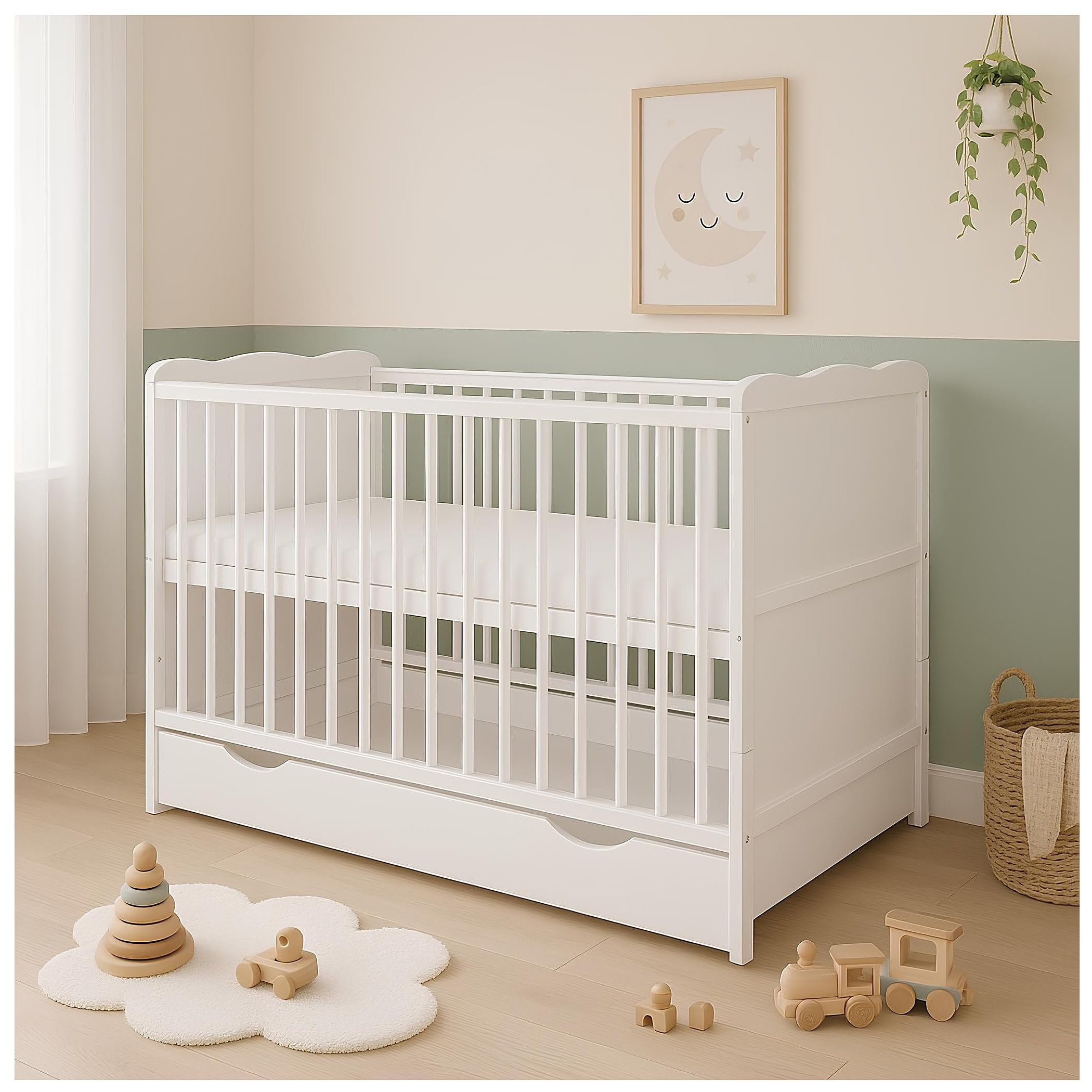 Babybett Kinderbett Juniorbett Jack 70x140 Weiß umbaubar mit Schublade Matratze und Beißschienen