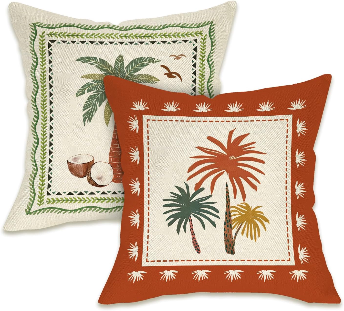 Fahrendom Tropical Palm Tree Decorative Throw Pillow Covers 18 x 18 Set of 2, Vintage Beach Coconut Bird Porch Patio Outdoor Pillowcase, Retro Summer Botanical Sofa Couch Cushion Case Home Decor