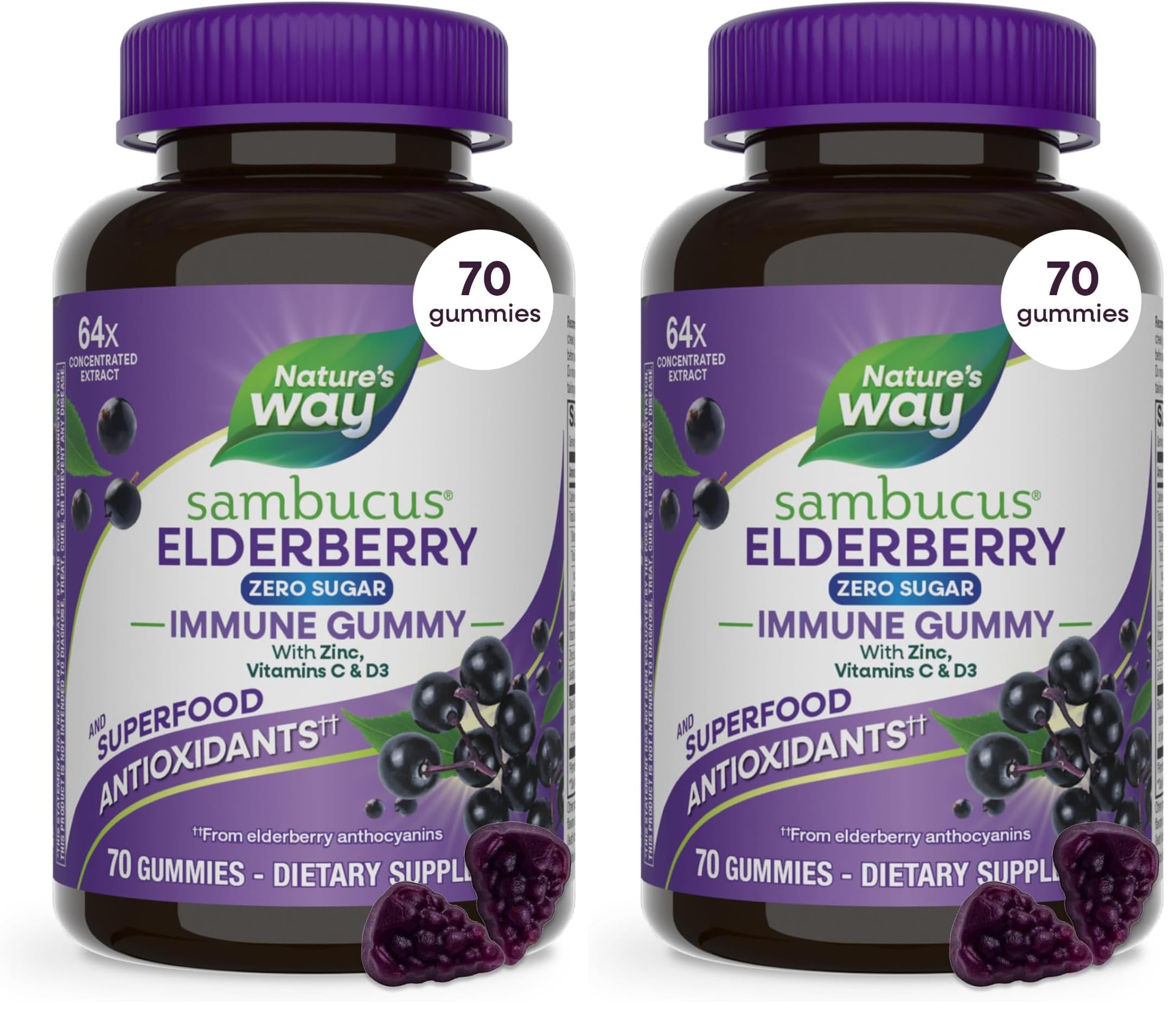 Nature's Way Sambucus Zero Sugar Immune Gummies,Daily Immune Support*,Black Elderberry Extract,Vitamin C,Vitamin D3,Zinc,Sugar Free,Sugar-Alcohol Free,Plant-Based Sweeteners,70 Gummies,(Pack of 2) 70 Count (Pack of 2)