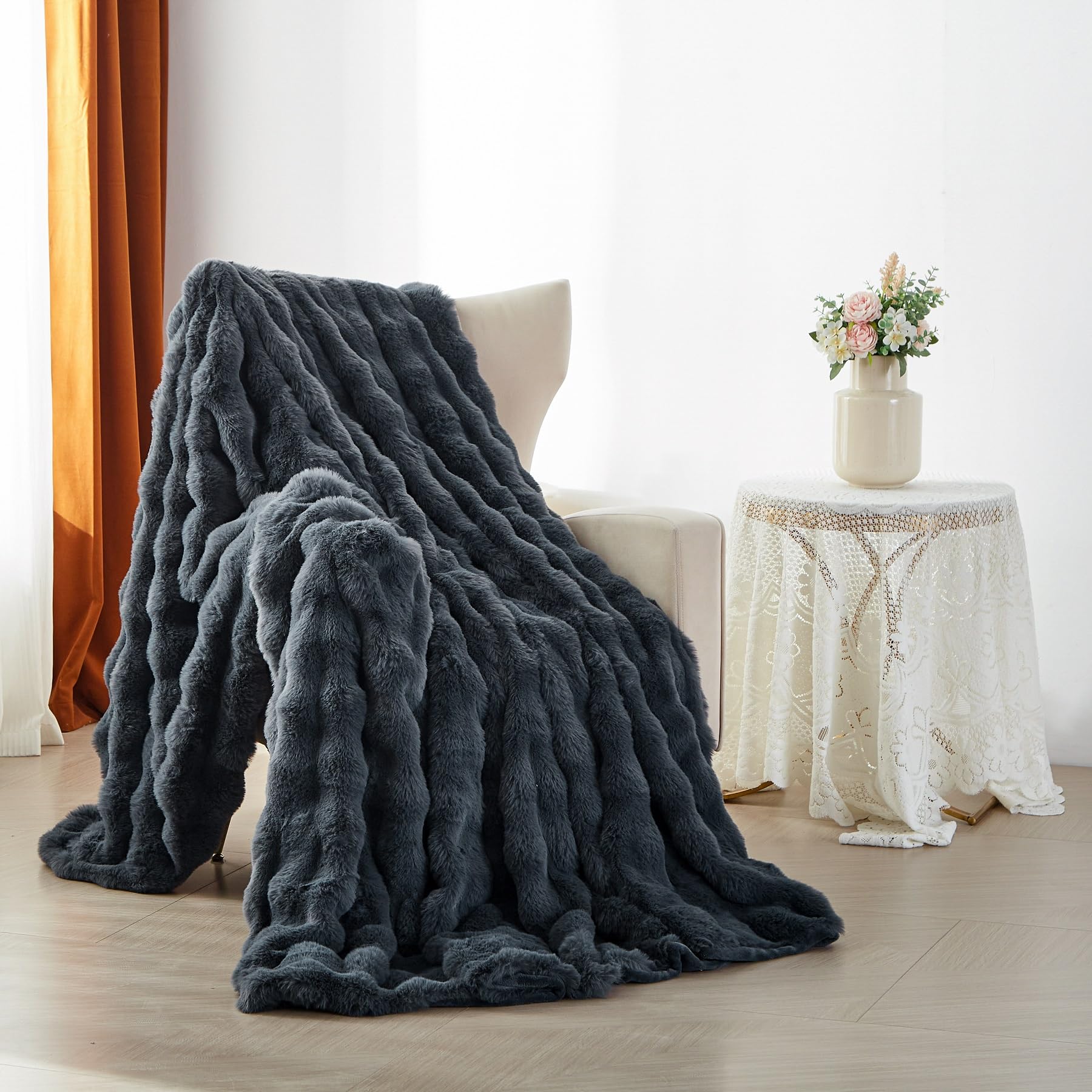 Manta polar (200 x 220 cm, invierno, cálido, gris, funda de sofá, felpa, piel de conejo, textura de burbujas, supersuave, manta suave, regalo para mujer