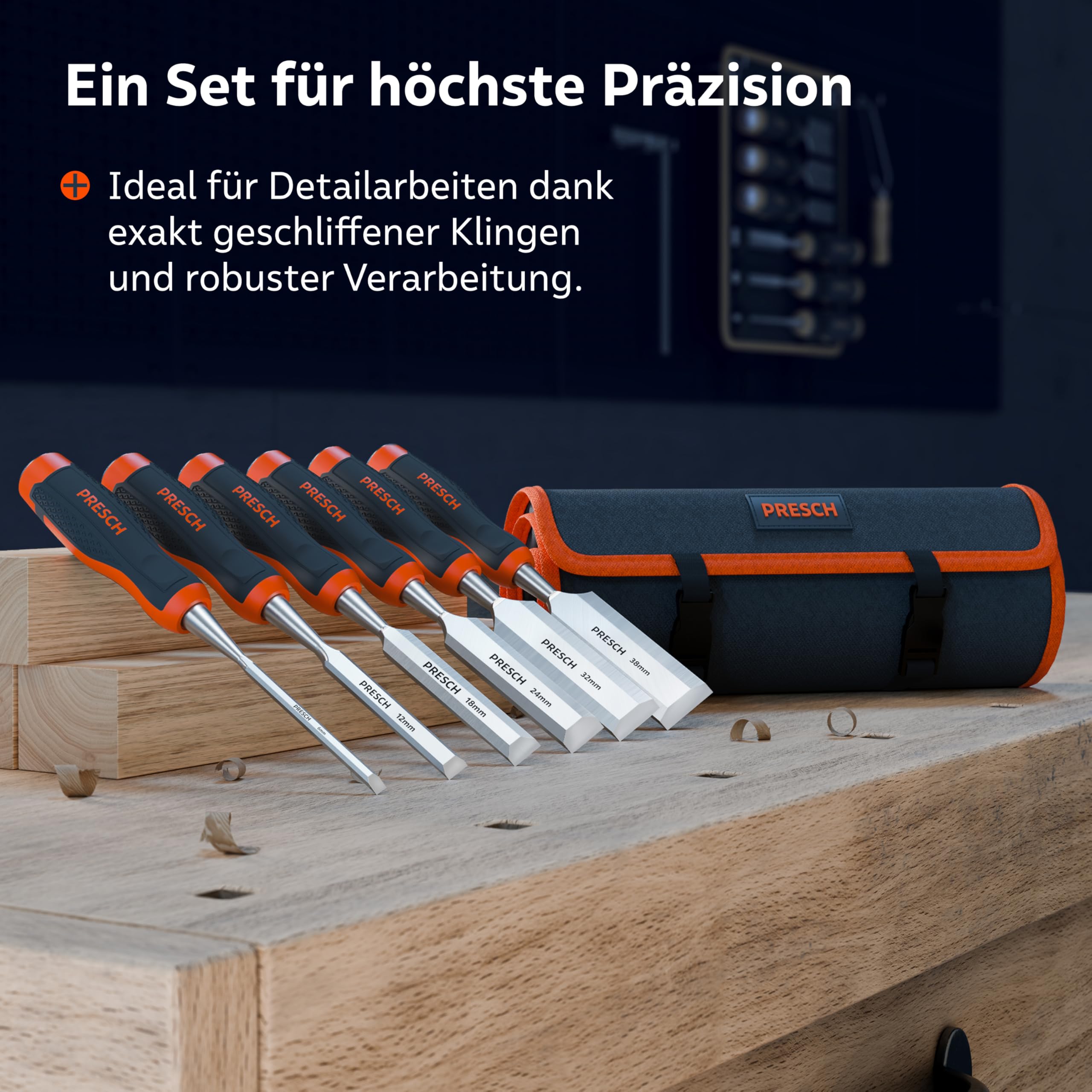 Presch Stechbeitel Set 6tlg. für Holz inkl. Tasche - Stemmeisen 6-38mm Profi Stecheisen 25° Keilwinkel