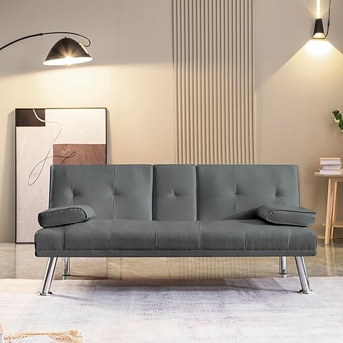 Miniatura 2 de Anwick Sofá futón de cuero moderno, sofá cama plegable convertible reclinable para espacios pequeños, apartamento, oficina, dormitorio, con