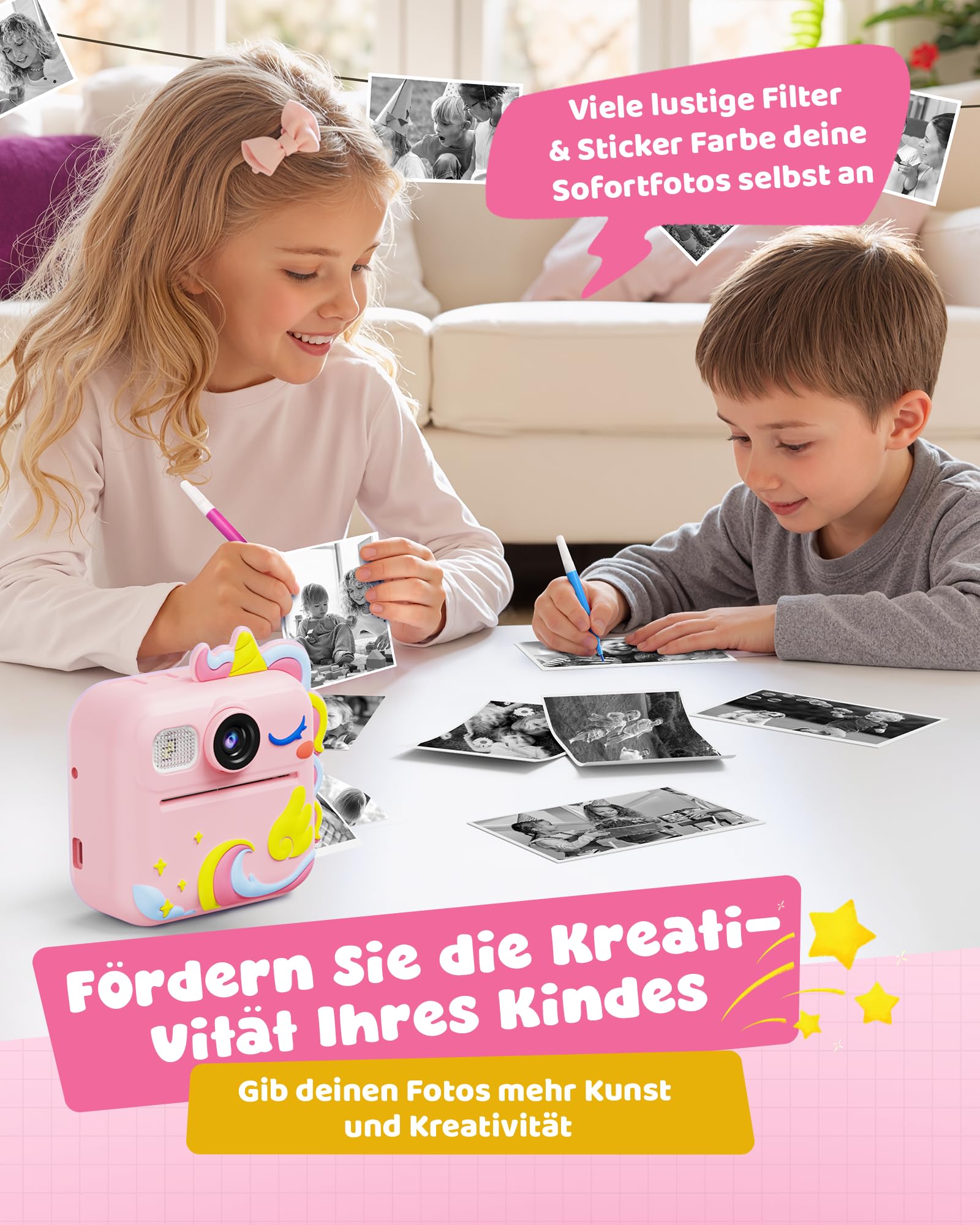 KOKODI Kinderkamera Sofortbildkamera 3-12 Jungen Mädchen(Rosa)