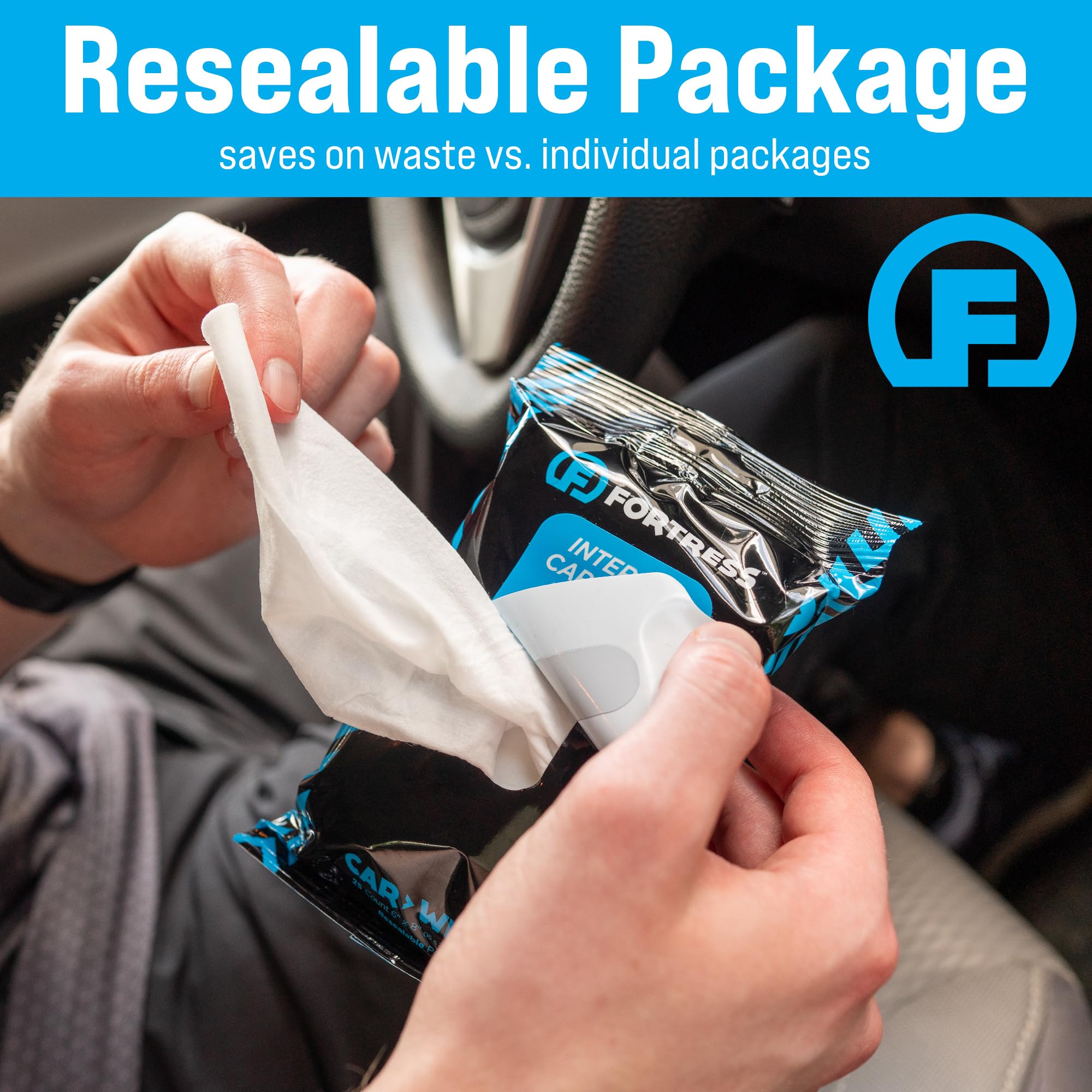 Fortress Toallitas limpiadoras para interiores de coche (25 unidades, paquete de 63), tamaño de viaje | Para salpicadero, asientos, detalles y volante, seguros para la piel, suministros de limpieza de automóviles para interiores