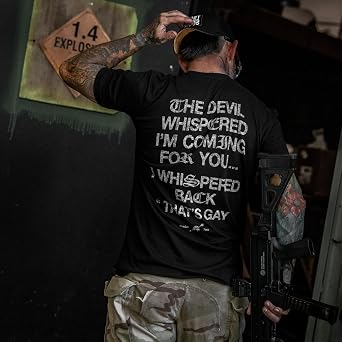Combat Iron Men's Graphic T-Shirt - The Devil Whispered | Soft cotton-poly blend, athletic tapered fit. Tagless neck. No-sag collar. Pre-shrunk. Veteran-owned. Made in USA.