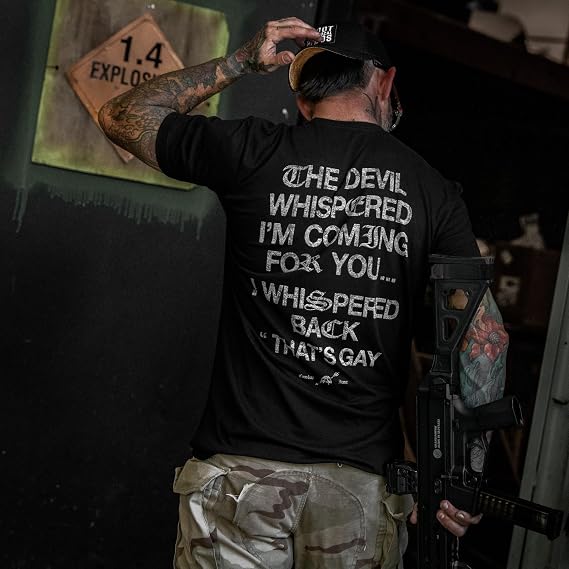 Combat Iron Men's Graphic T-Shirt - The Devil Whispered | Soft cotton-poly blend, athletic tapered fit. Tagless neck. No-sag collar. Pre-shrunk. Veteran-owned. Made in USA.