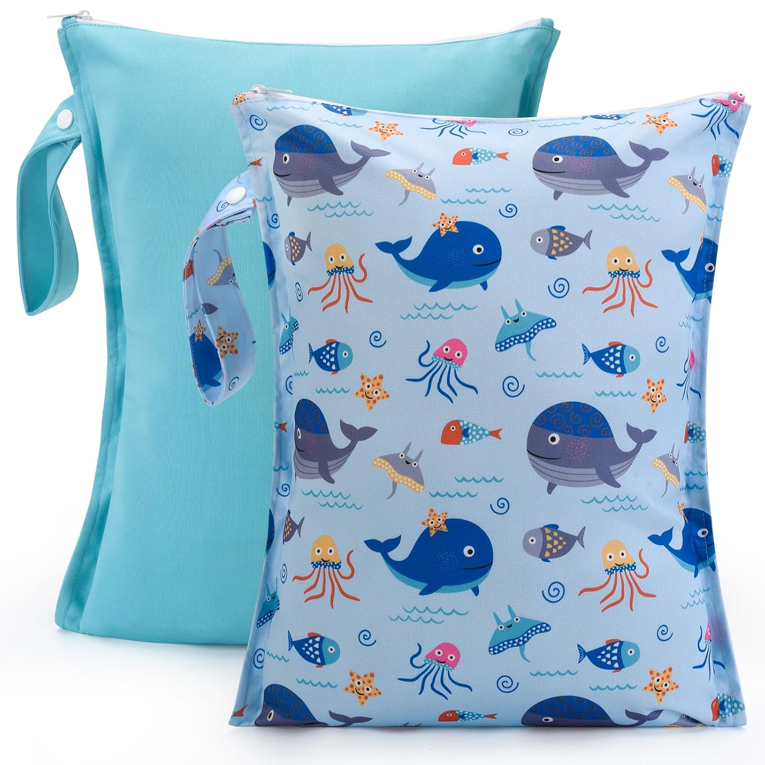 2pcs Cloth Diaper Mess-proof Wet Bags,Waterproof Reusabel Travel Storage Stroller Daycare Soiled Baby Items Beach Pool Yoga Gym Bag for Wet Toddler Swimsuits -Dolphin,Blue